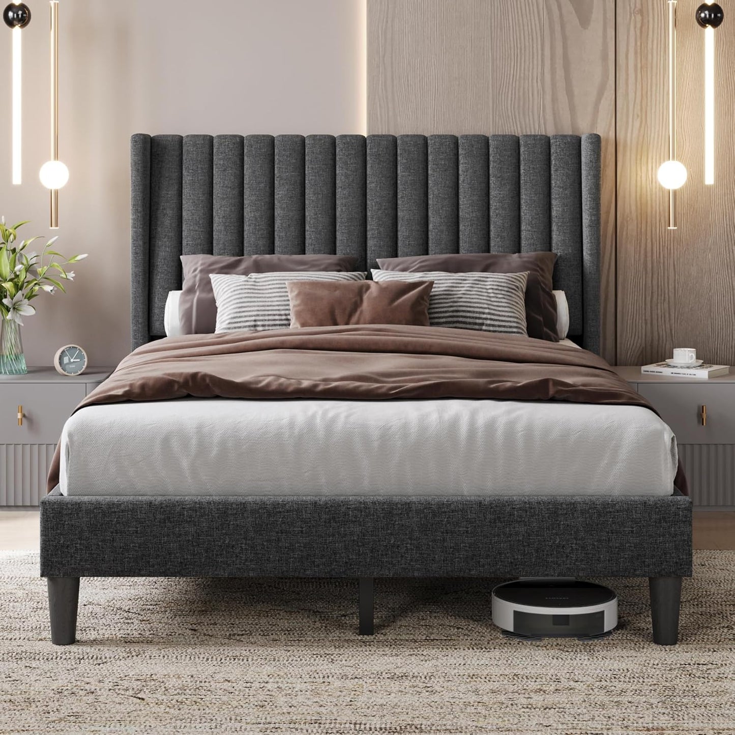 Queen Bed Frame Upholstered Platform Bed with Fabric Headboard, Wing Edge Design/Non-Slip and Noise-Free/Wooden Slats Support/No Box Spring Needed/Easy Assembly, Dark Gray Queen Bed