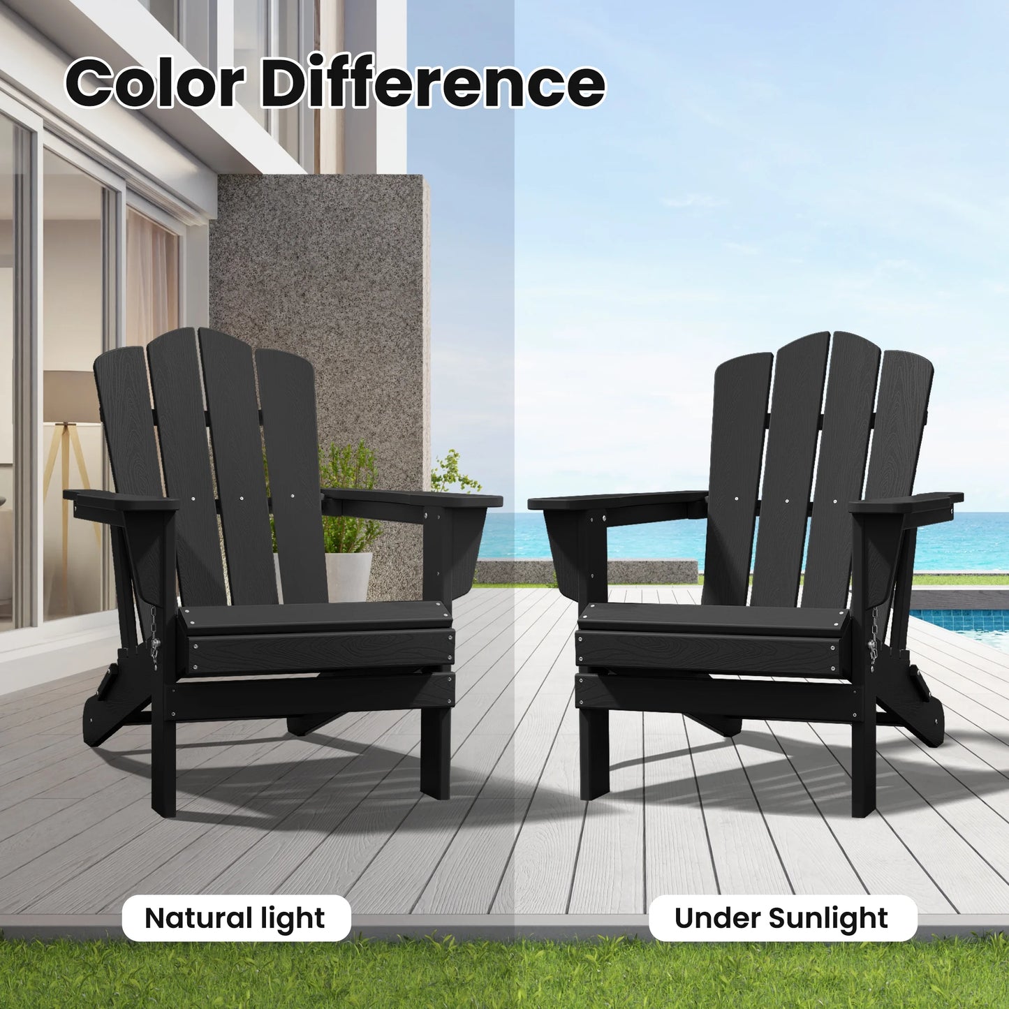 Adirondack Chair, Plastic Folding Outdoor Patio Lawn Chairs, outside HDPE Chairs for Lawn, Yard, Black