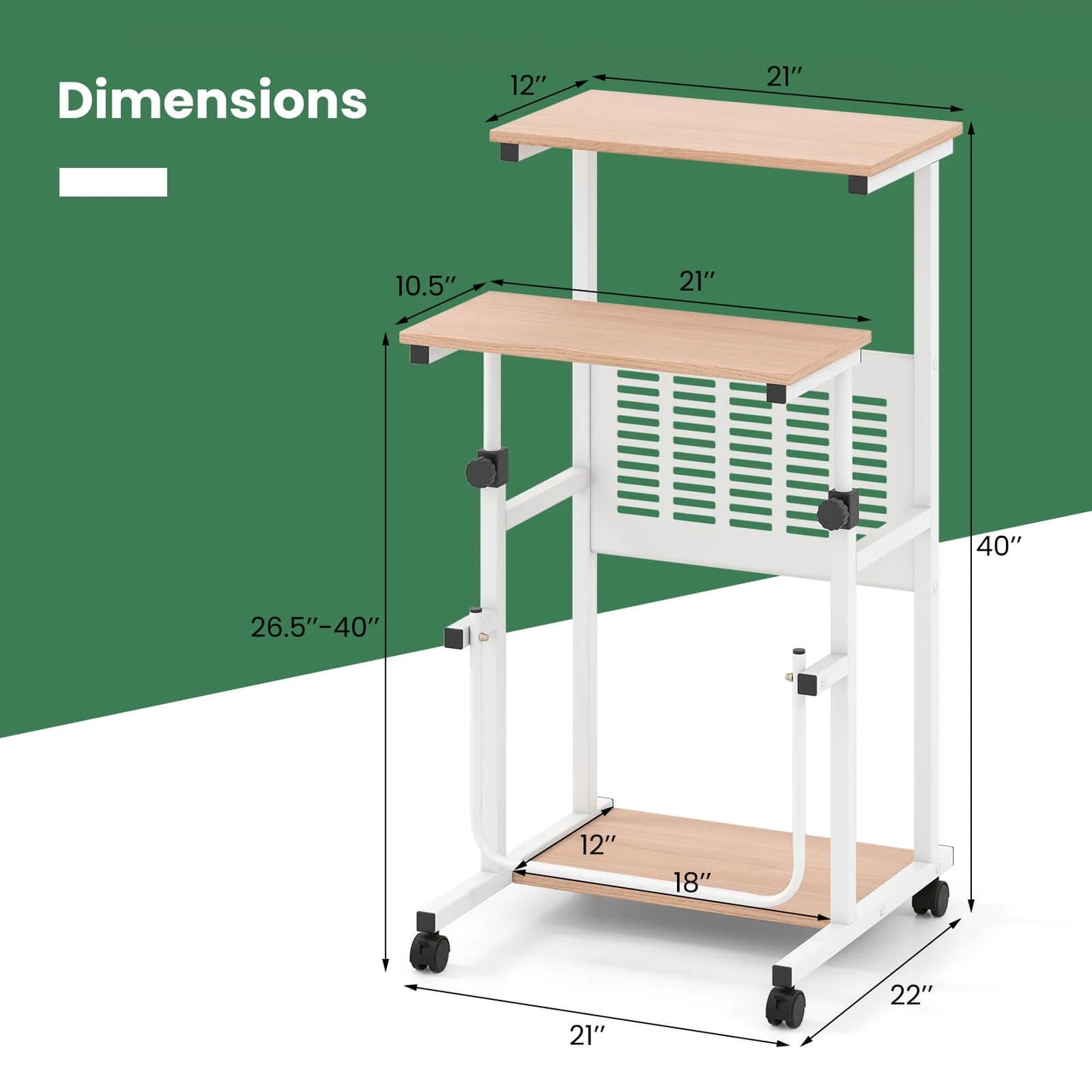 Adjustable Standing Desk with Footrest Mesh Panel Lockable Wheels Sit Home Office
