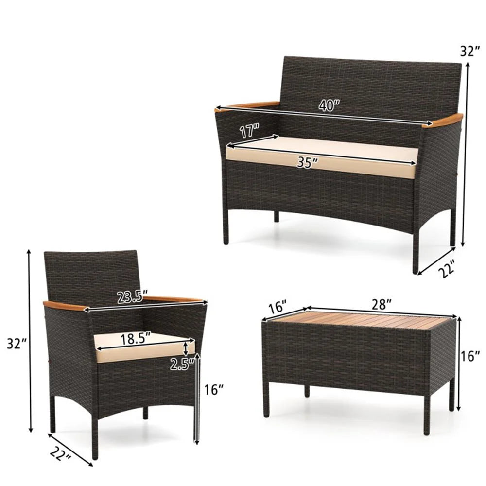 Patio Furniture Sets,Outdoor & Patio Furniture Sets,4 Piece Patio Wicker Sofa Set 2 Rattan Chairs and Loveseat with Table-Brown