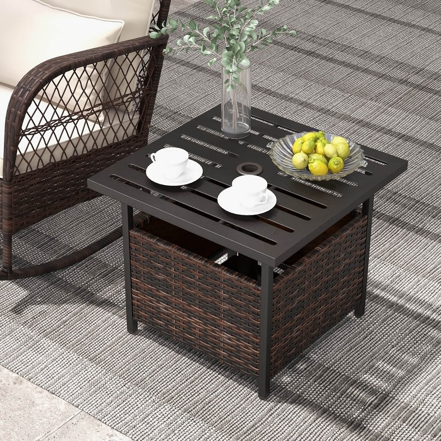 Rattan Wicker Steel Side Table Outdoor Furniture Deck Garden Patio Pool Brown