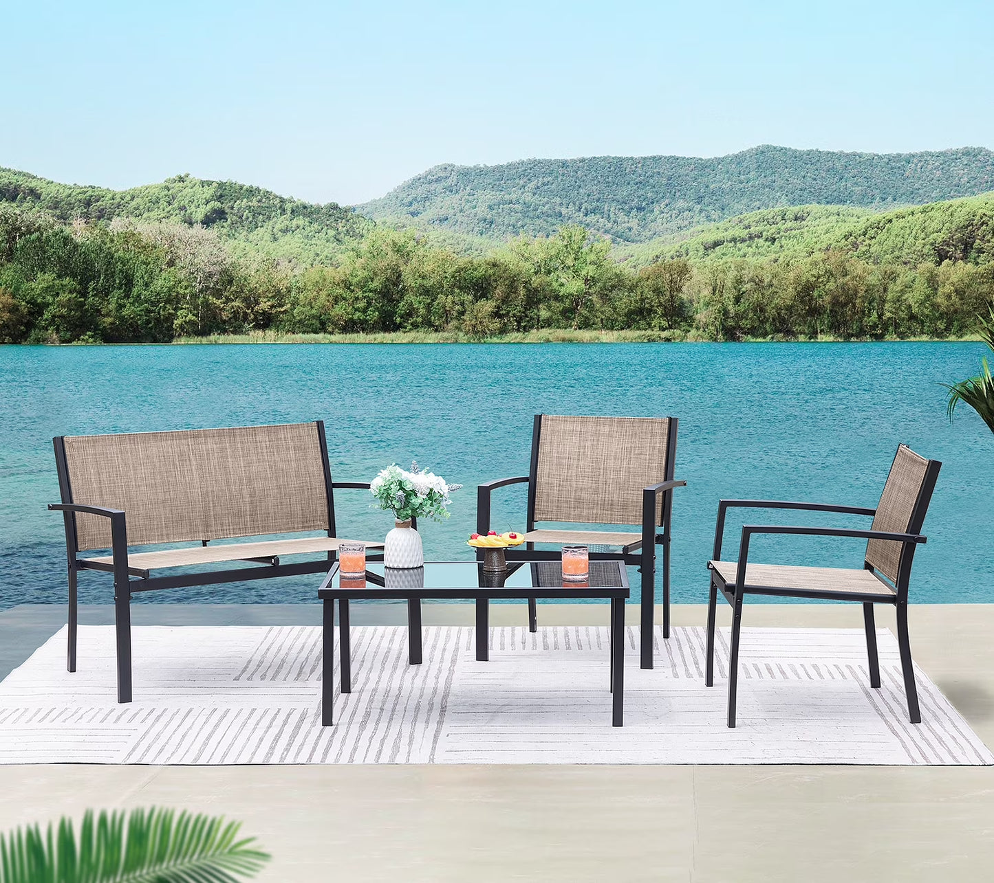 4 Pieces Patio Furniture Outdoor Furniture Outdoor Patio Furniture Set Textilene Bistro Set Modern Conversation Set Black Bistro Set with Loveseat Tea Table, Grey