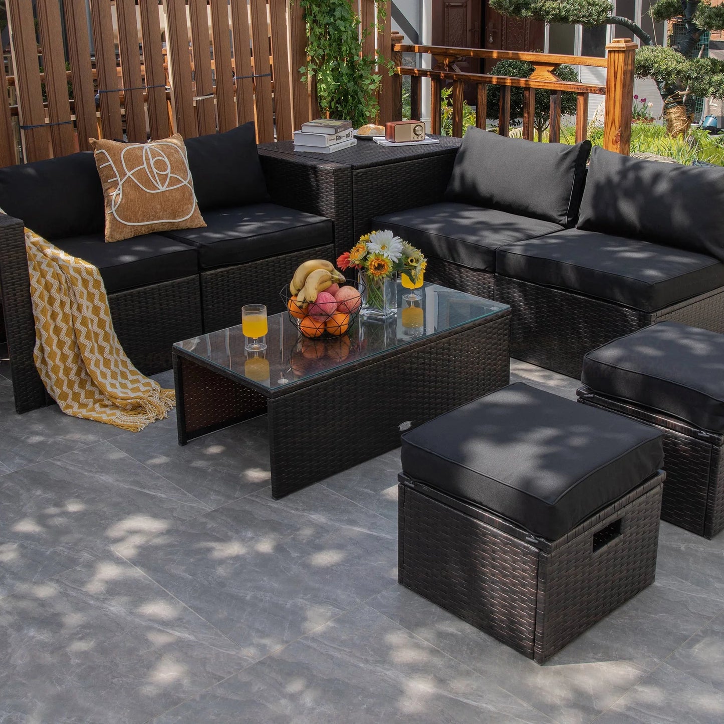 8-Piece Rattan Outdoor Patio Dining Set, Black
