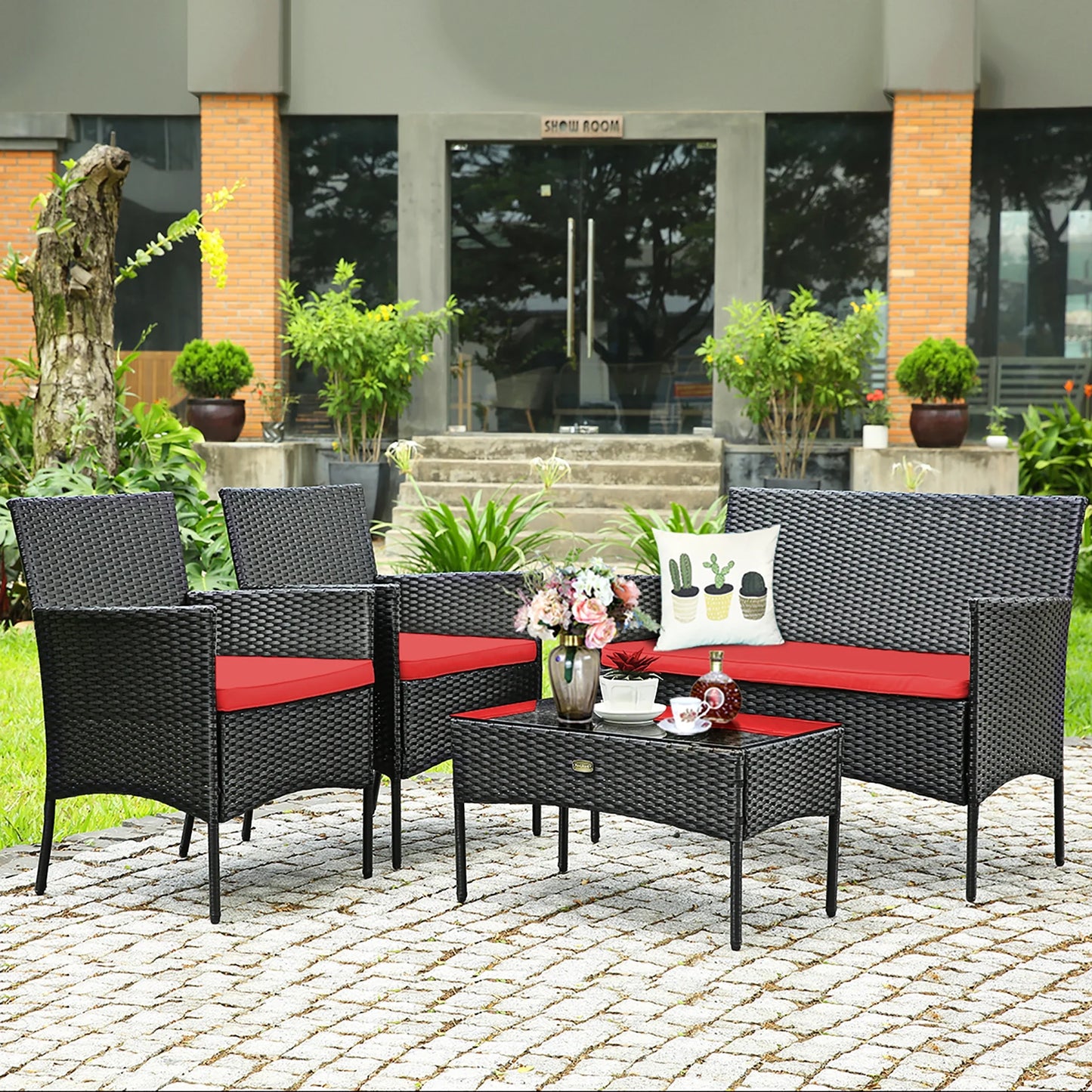 4PCS Patio Rattan Furniture Set Cushioned Sofa Coffee Table Backyard Porch Red