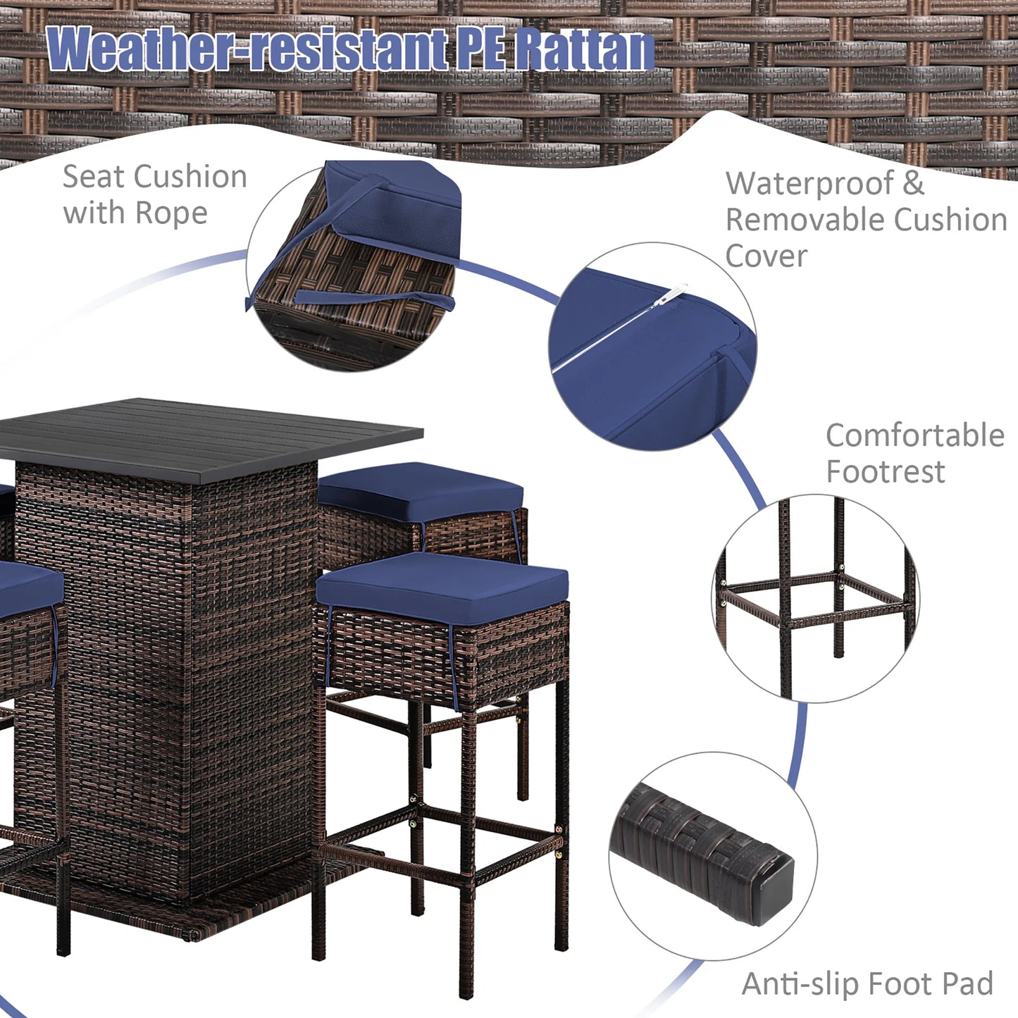 5PCS Patio Rattan Bar Table Stool Set Hidden Storage Shelf Cushioned Navy