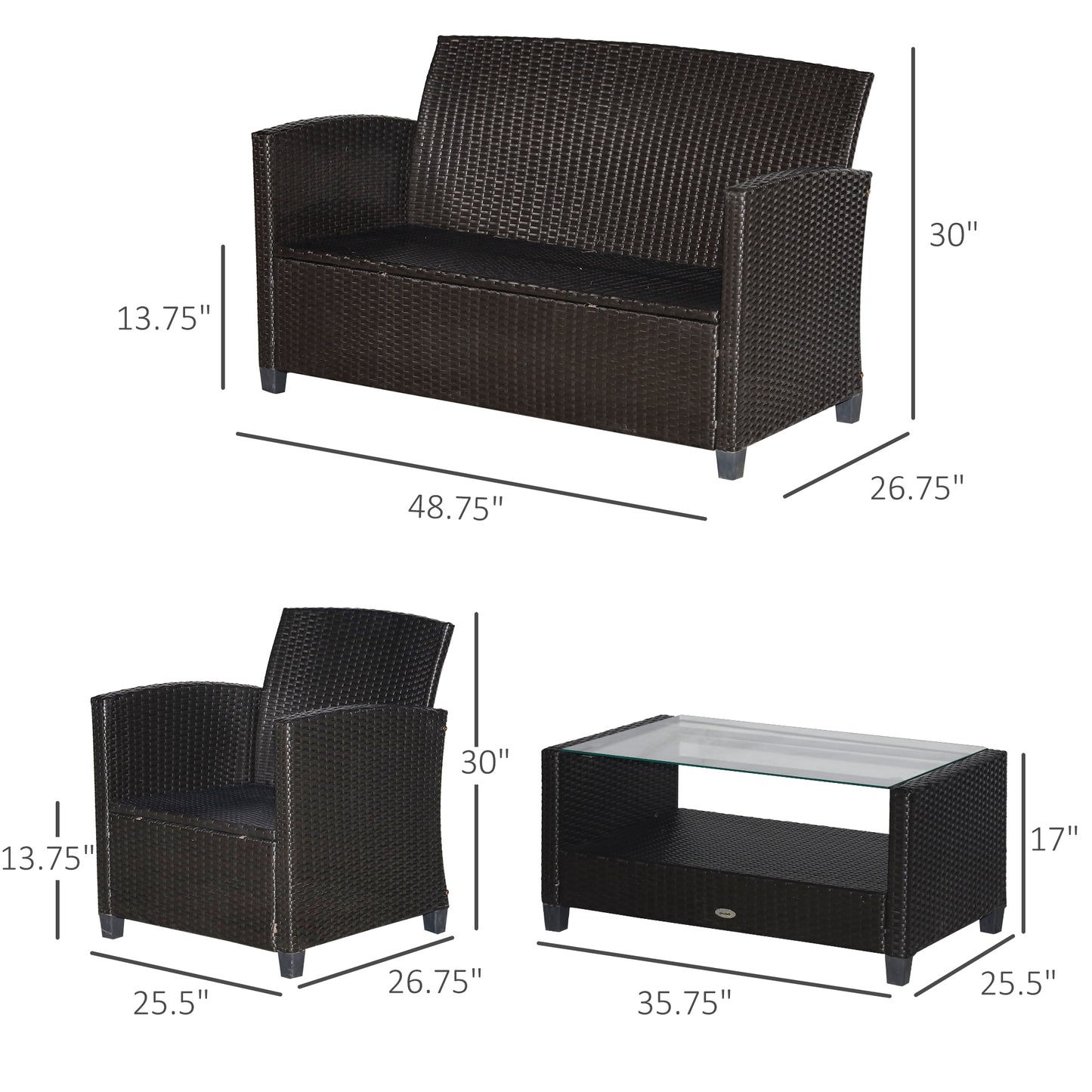 Outsunnny 4 Piece Patio Furniture Set, Outdoor Wicker Loveseat Sofa & Chairs, with 2-Tier Coffee Table & Tufted Cushions, Navy Blue