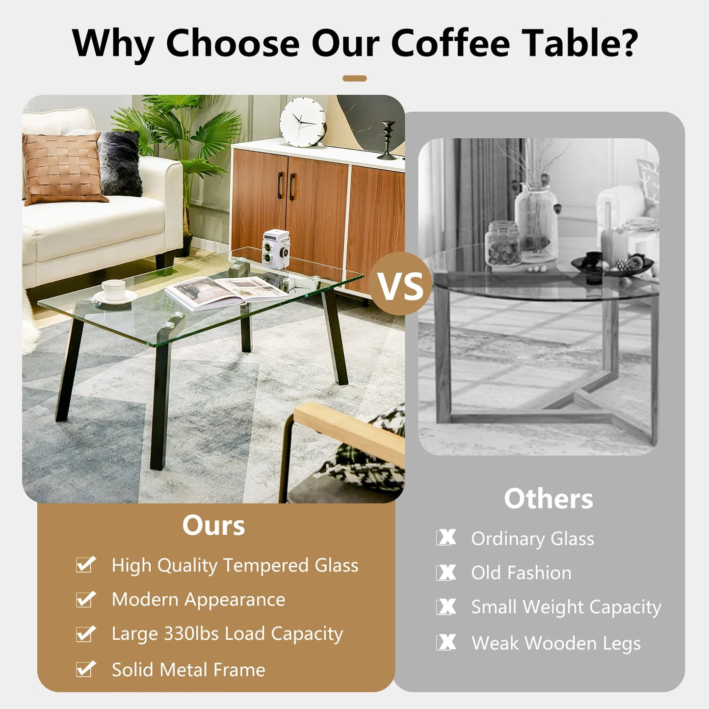 Tempered Glass Coffee Table Modern Center Table with Metal Frame for Living Room