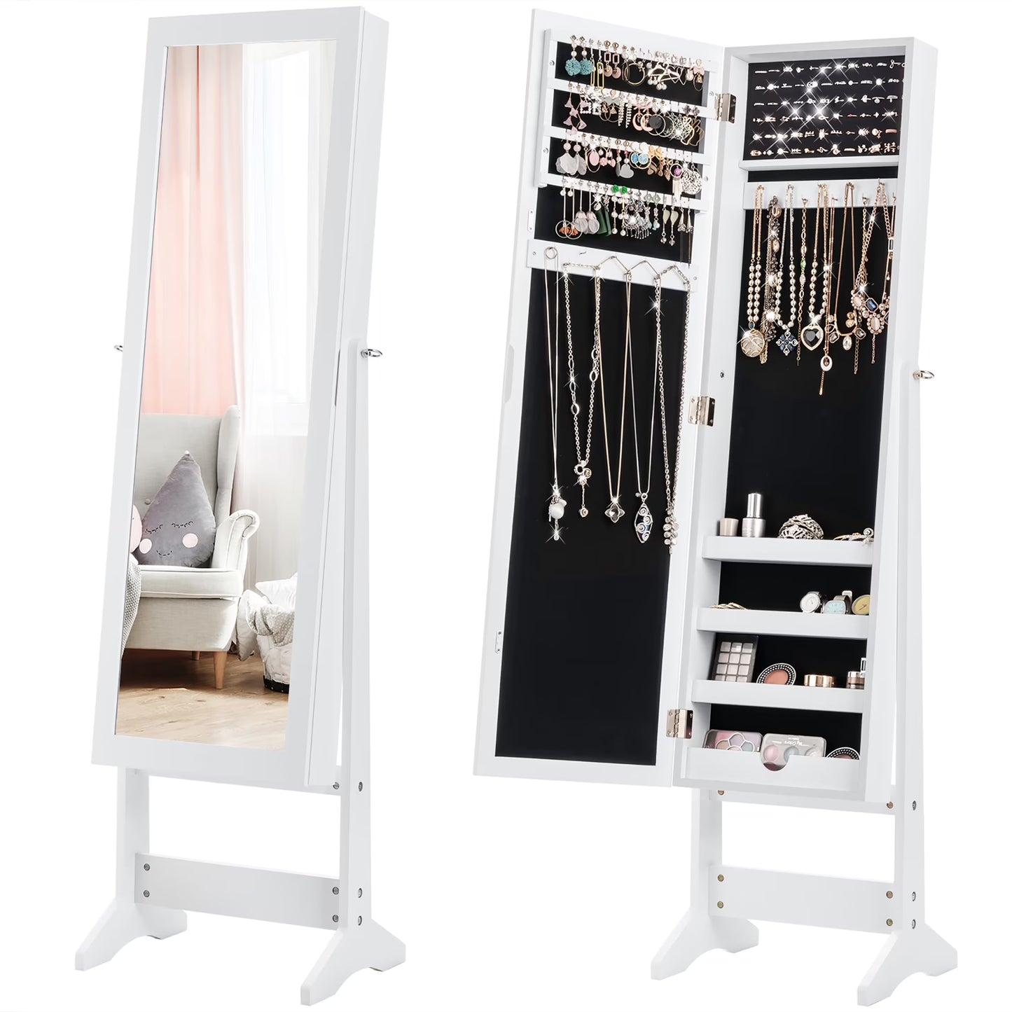 Mirrored Jewelry Cabinet Mirror Organizer Storage Ring Stand