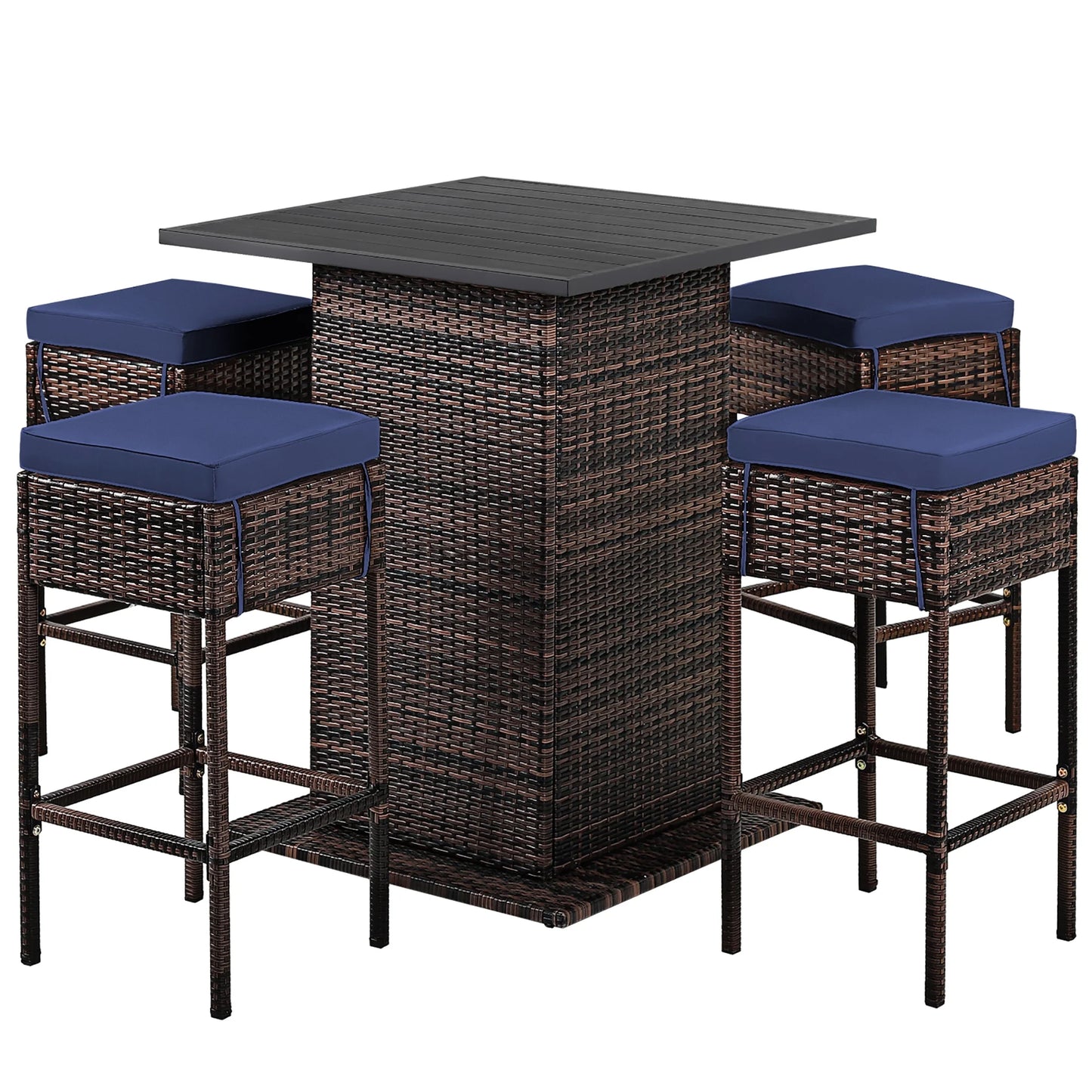 5PCS Patio Rattan Bar Table Stool Set Hidden Storage Shelf Cushioned Navy