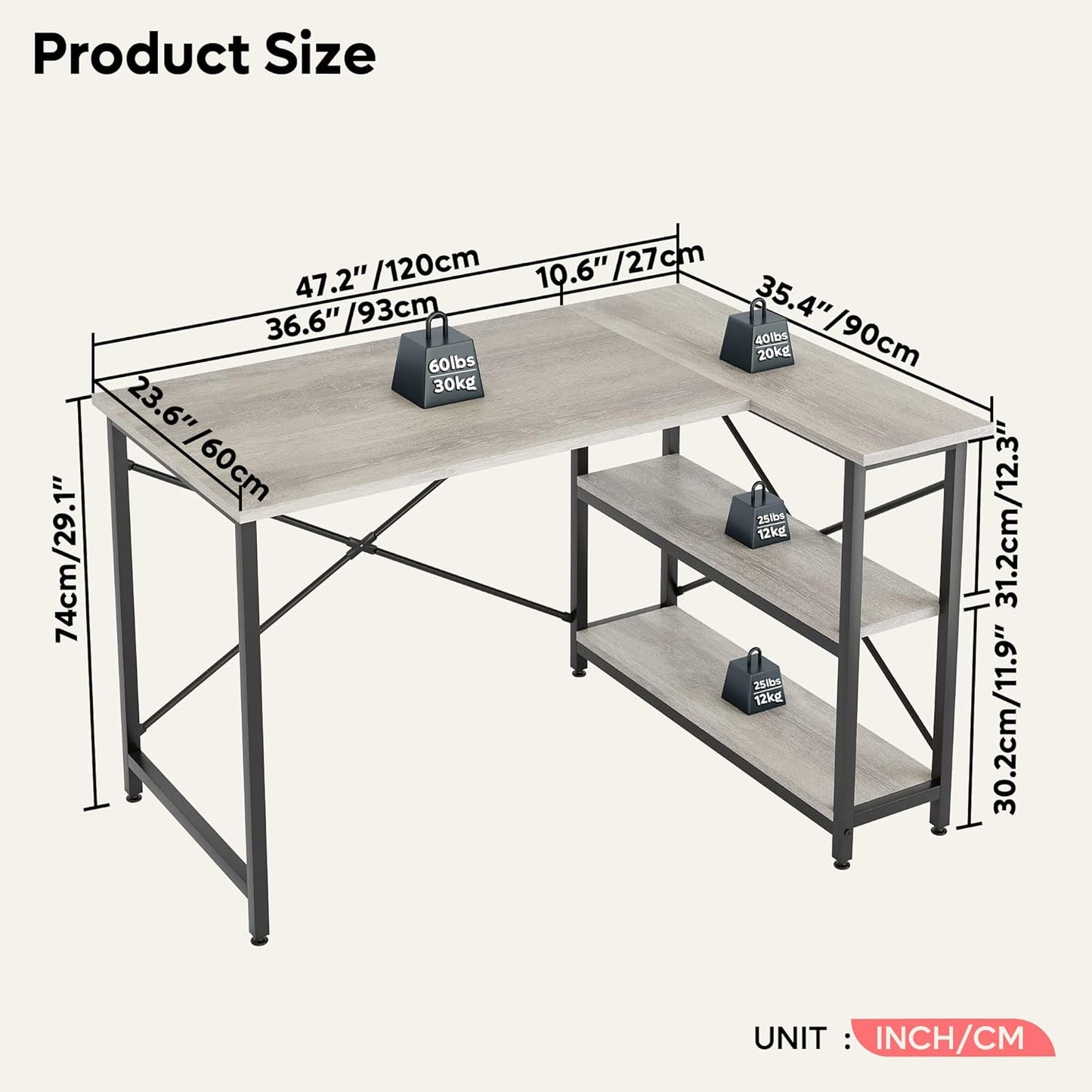 Small L Shaped Desk with Shelves 47 Inch Reversible Corner Computer Desk Writing Gaming Storage Table for Home Office Small Space, Gray Oak