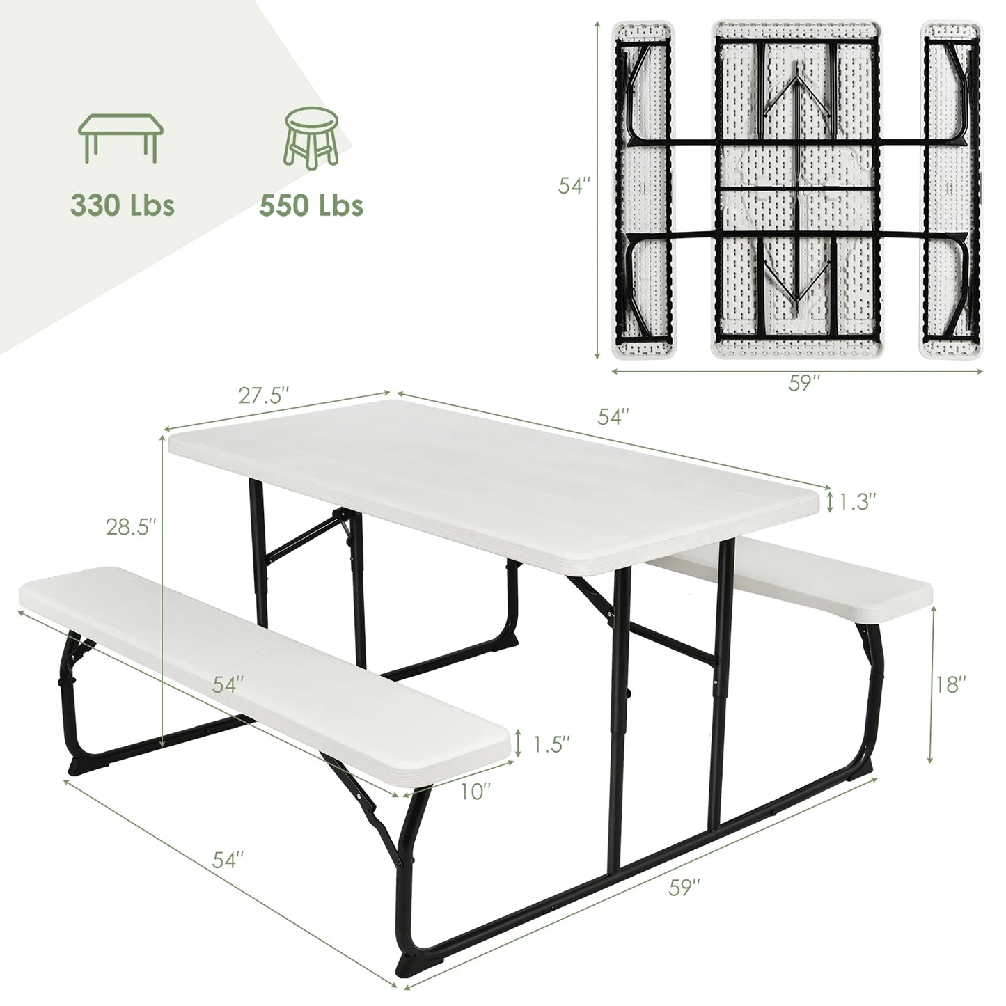 Folding Metal Picnic Table Set, White