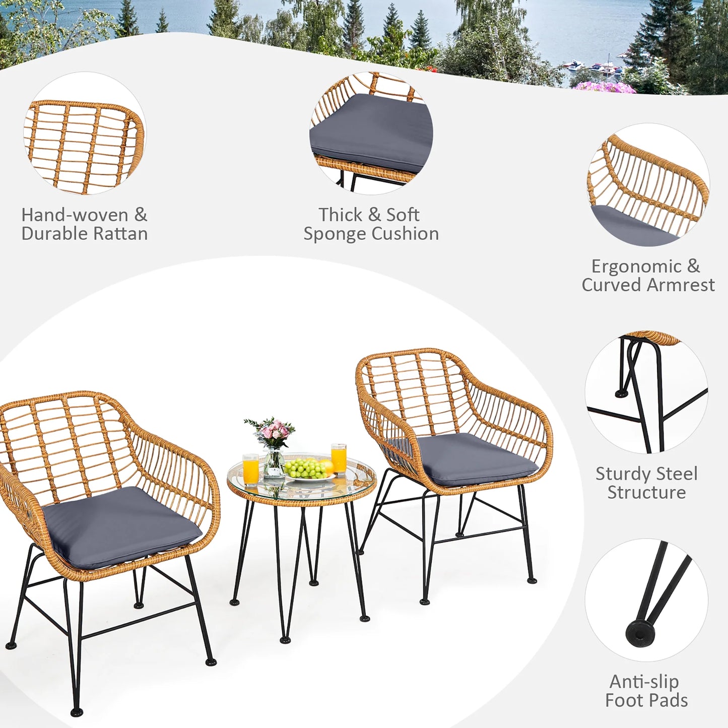 3PCS Patio Rattan Bistro Furniture Set Cushioned Chair Table Grey