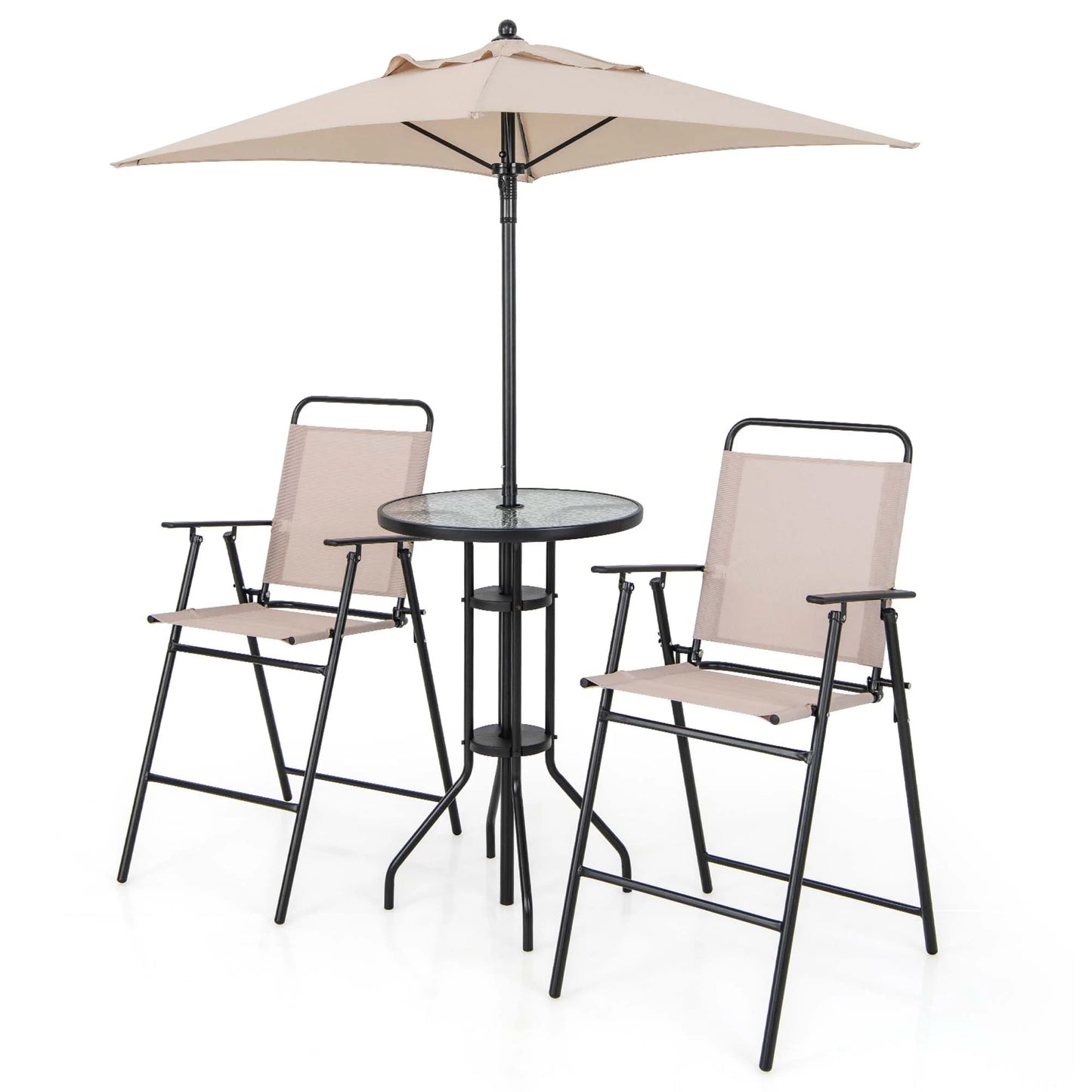 4PCS Patio Bistro Set Folding Counter Height Chairs round Bar Table& Umbrella