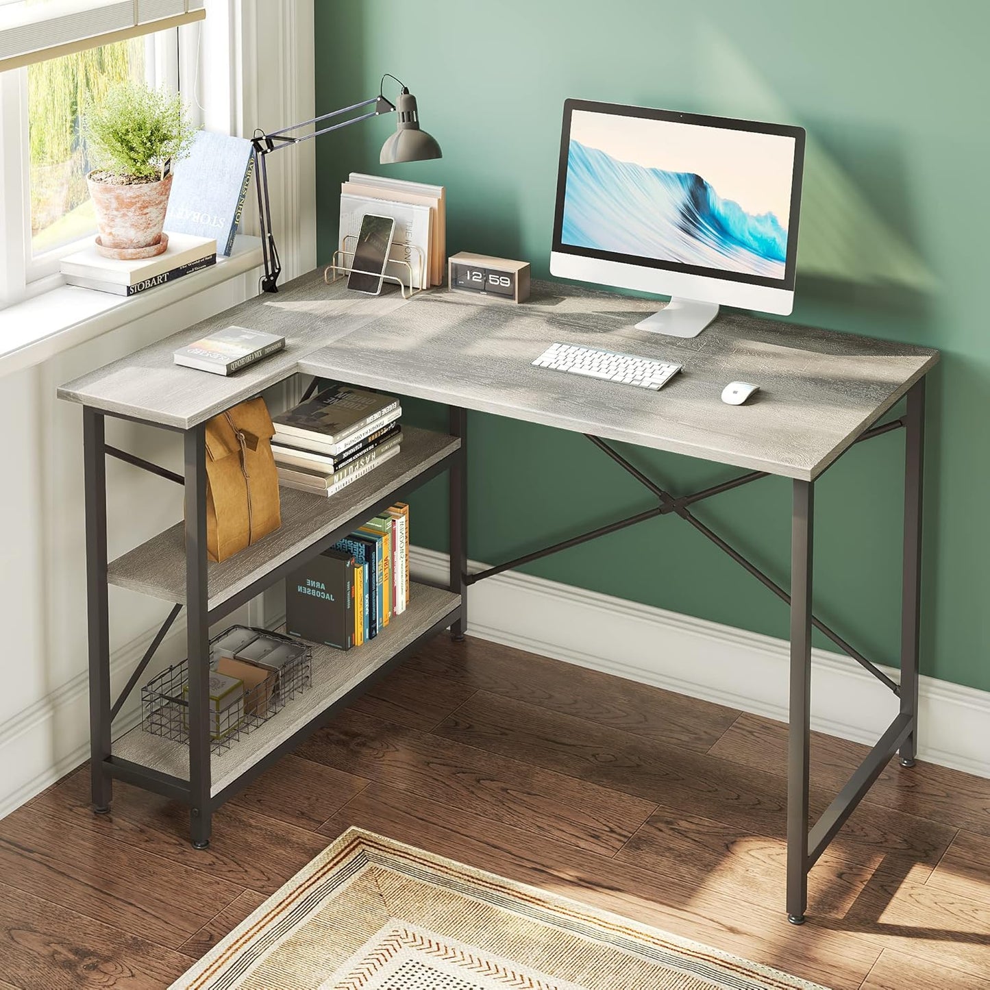 Small L Shaped Desk with Shelves 47 Inch Reversible Corner Computer Desk Writing Gaming Storage Table for Home Office Small Space, Gray Oak