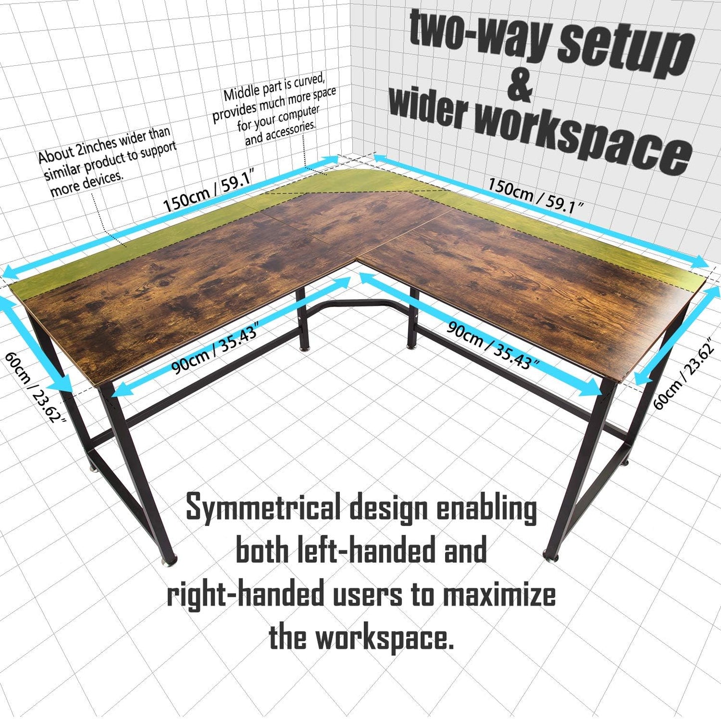 L-Shaped Desk Corner Computer Desk 59" X 59" with 24" Deep Workstation Bevel Edge Design (Industrial/Rustic Brown)