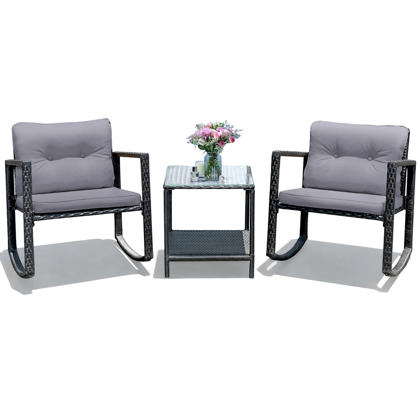 3PCS Patio Rattan Furniture Set Rocking Chairs Cushioned Sofa Gray