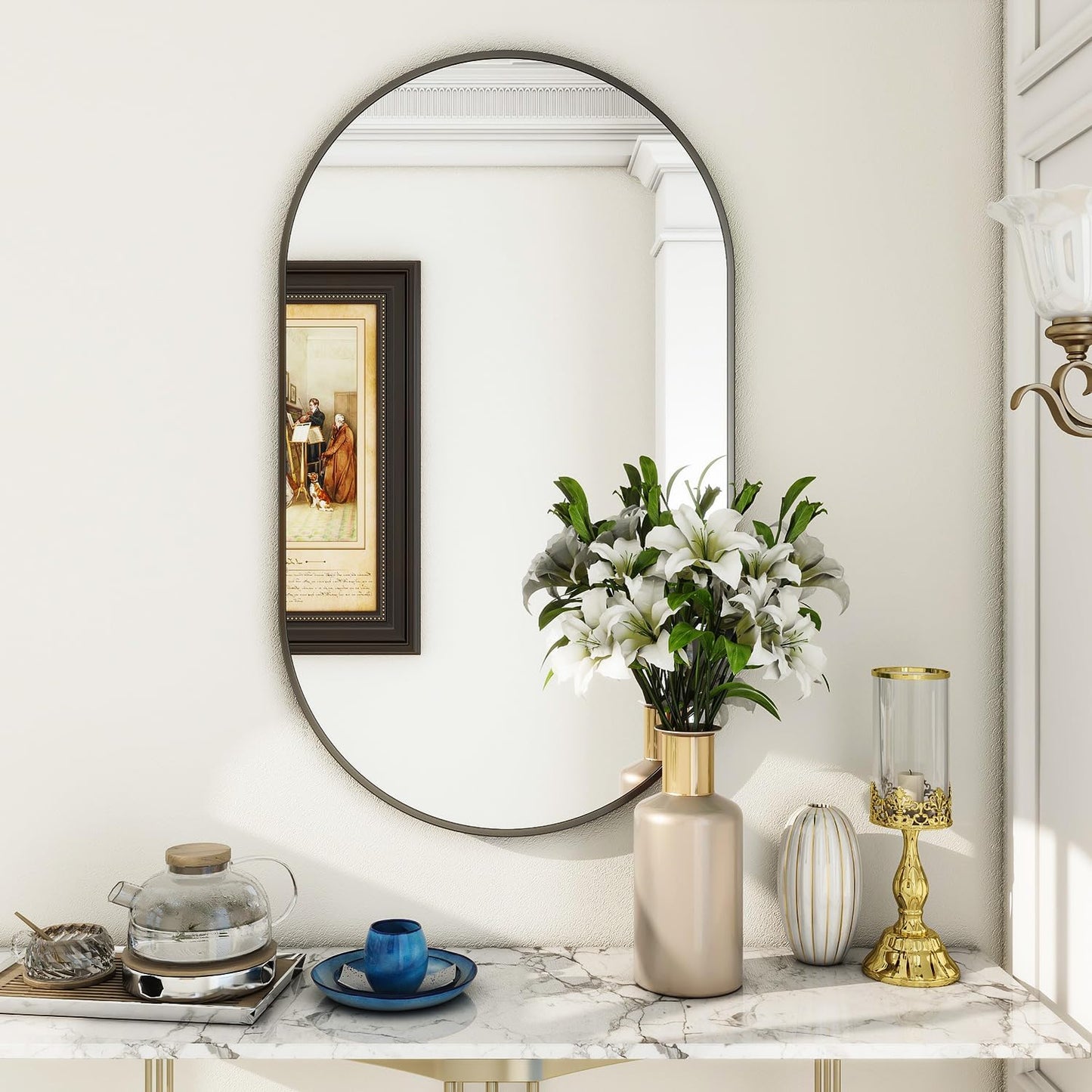 Wall Mounted Mirror, 17"X30" Oval Bathroom Mirror with Metal Frame, Vertical & Horizontal Hang, Ideal for Bedroom, Entryway, Living Room, Gold
