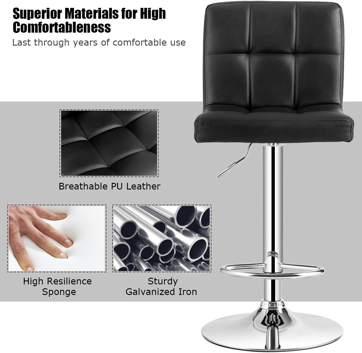 Adjustable Bar Stools Set of 2, Modern Swivel PU Leather Bar Chair with Backrest, Soft Cushioned Seat, Footrest, Sturdy Metal Frame, Comfortable Barstools for Kitchen Island, Pub, Black