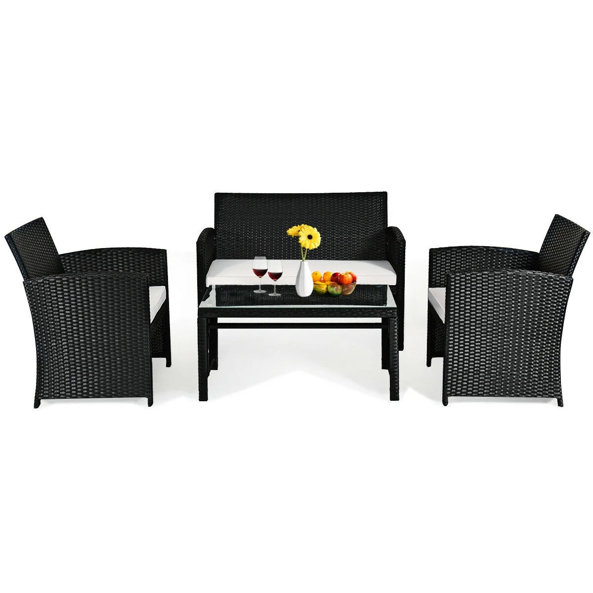 4-Piece Rattan Outdoor Conversation Set with Sofa and Coffee Table, Black