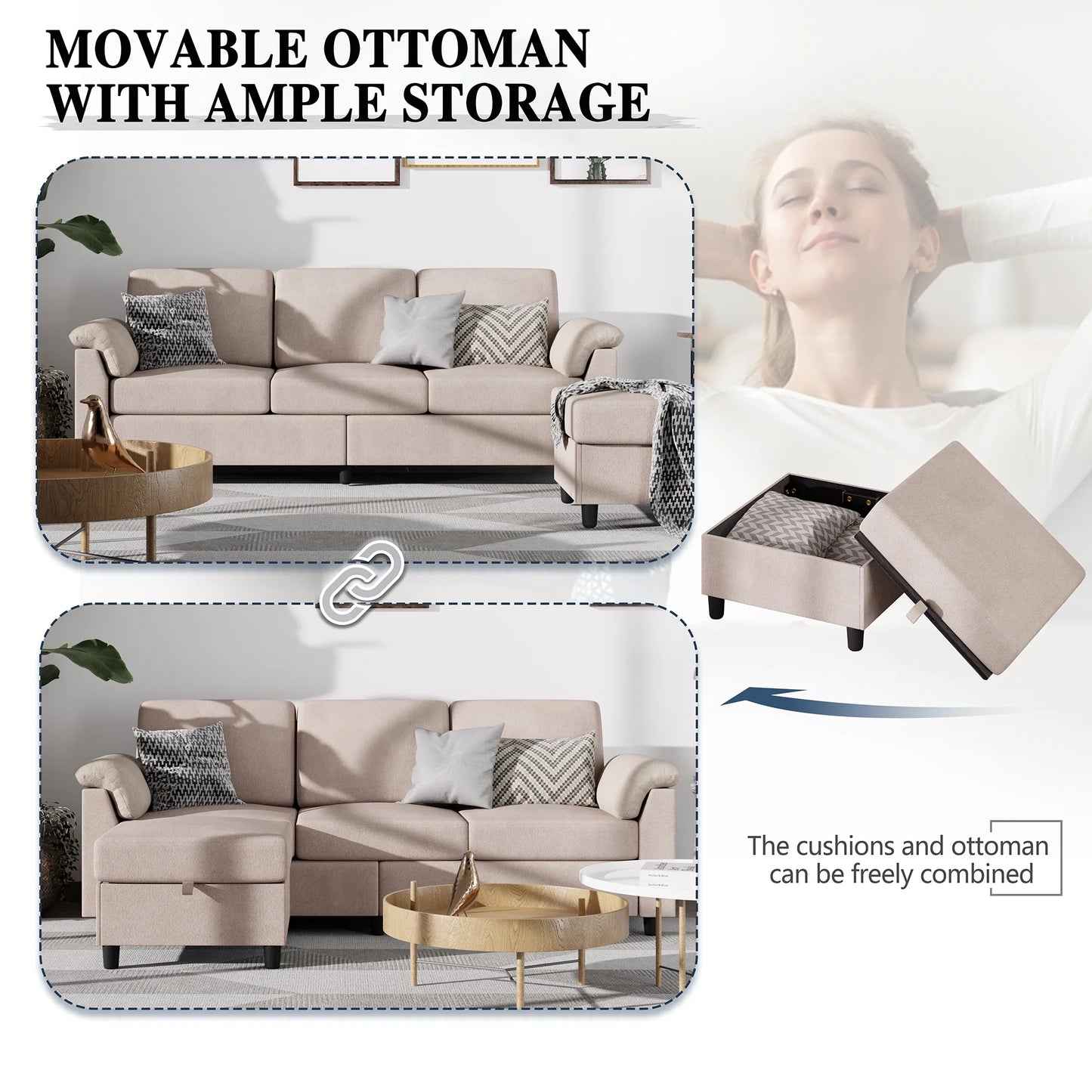 Sectional Sofa with Movable Storage Ottoman, L-Shaped Convertible Sofa Couch for Small Living Room, Beige