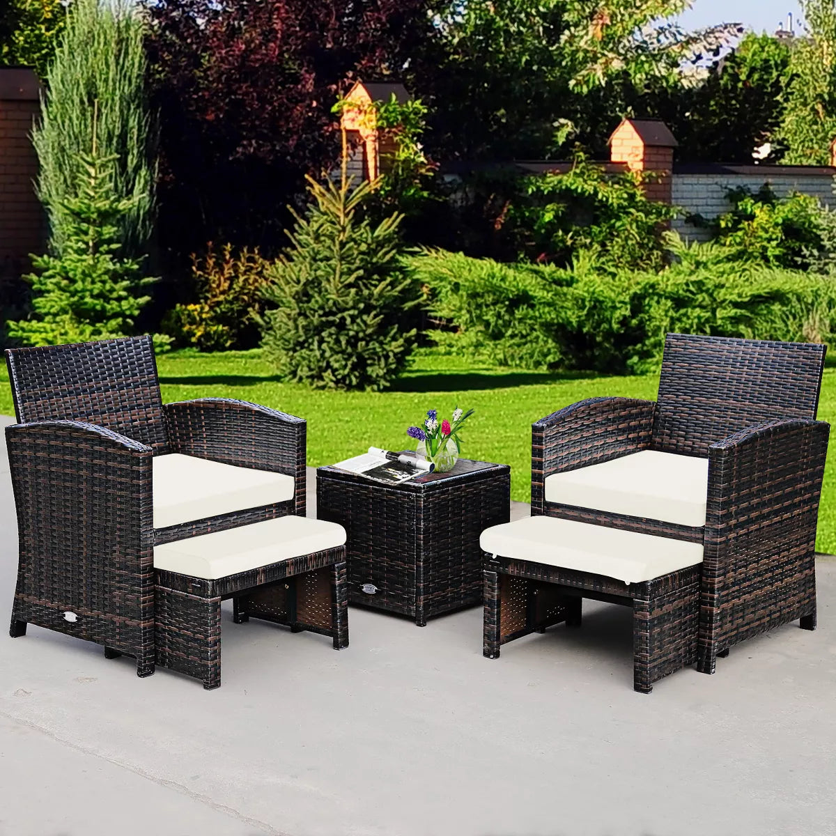 Costway 5PCS Patio Rattan Wicker Furniture Set Sofa Ottoman W/ Cushions
