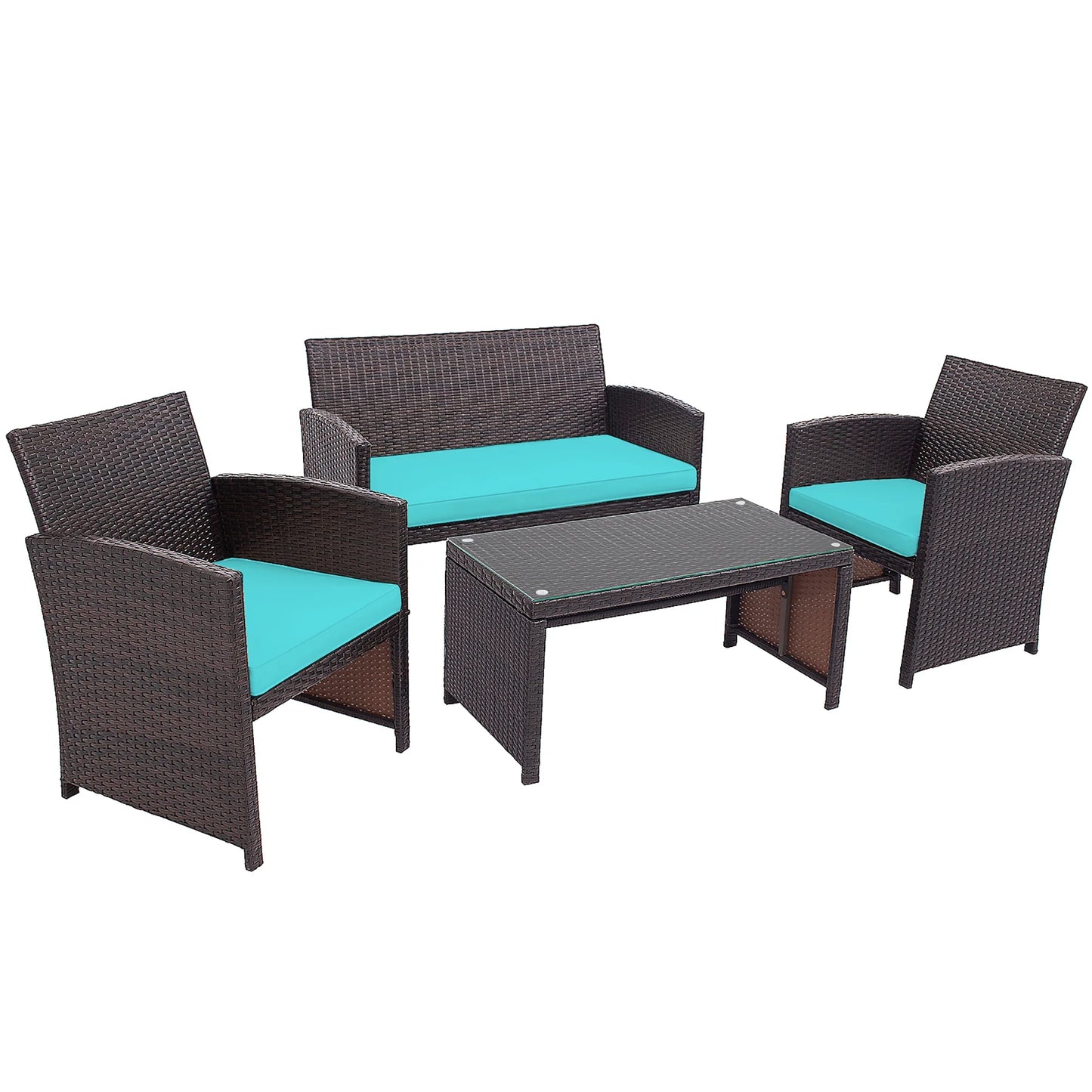 4PCS Patio Rattan Furniture Set Cushioned Chair Sofa Coffee Table Turquoise