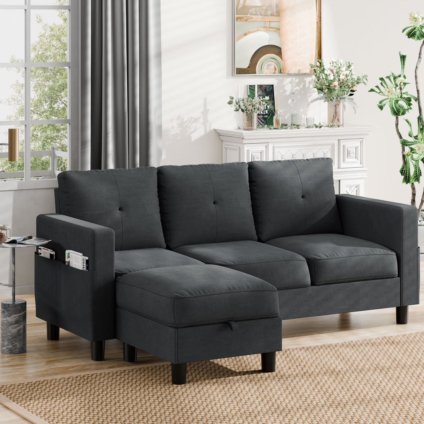 Convertible Sectional Sofa Couch, Modern Linen Fabric L-Shaped 3-Seat Sofa Sectional with Reversible Chaise for Small Space (Green)