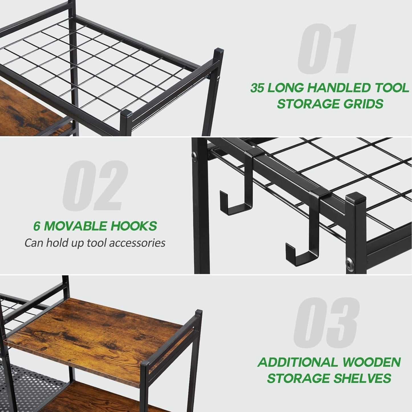 Garage Tool Organizer with 2-Tier Wooden Shelves, Yard Tool Organizer for Garage