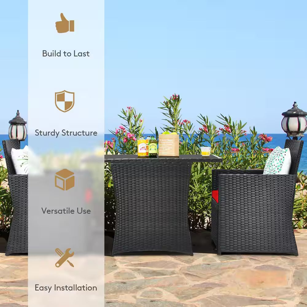 3-Pieces Patio Rattan Patio Conversation Set with Red Cushions