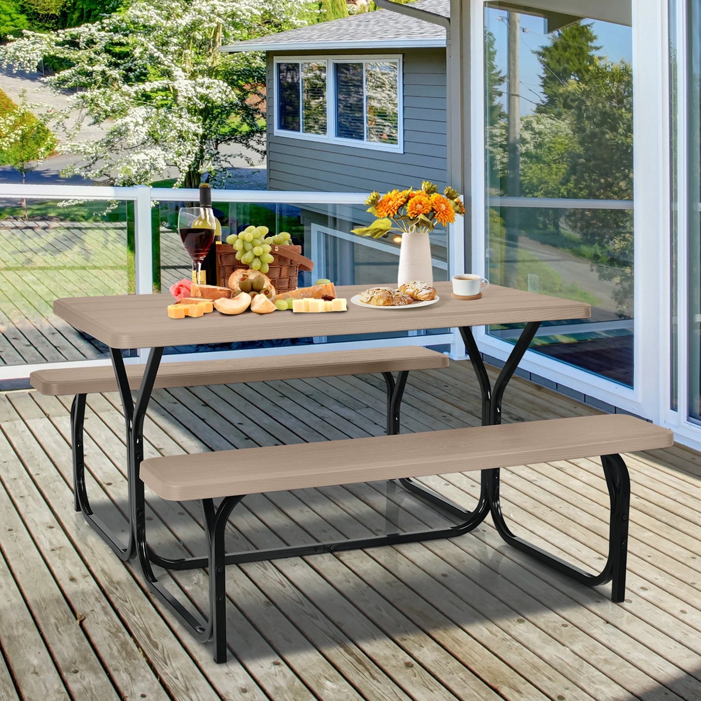 Gray Rectangle Metal Picnic Table Bench Set with Extension
