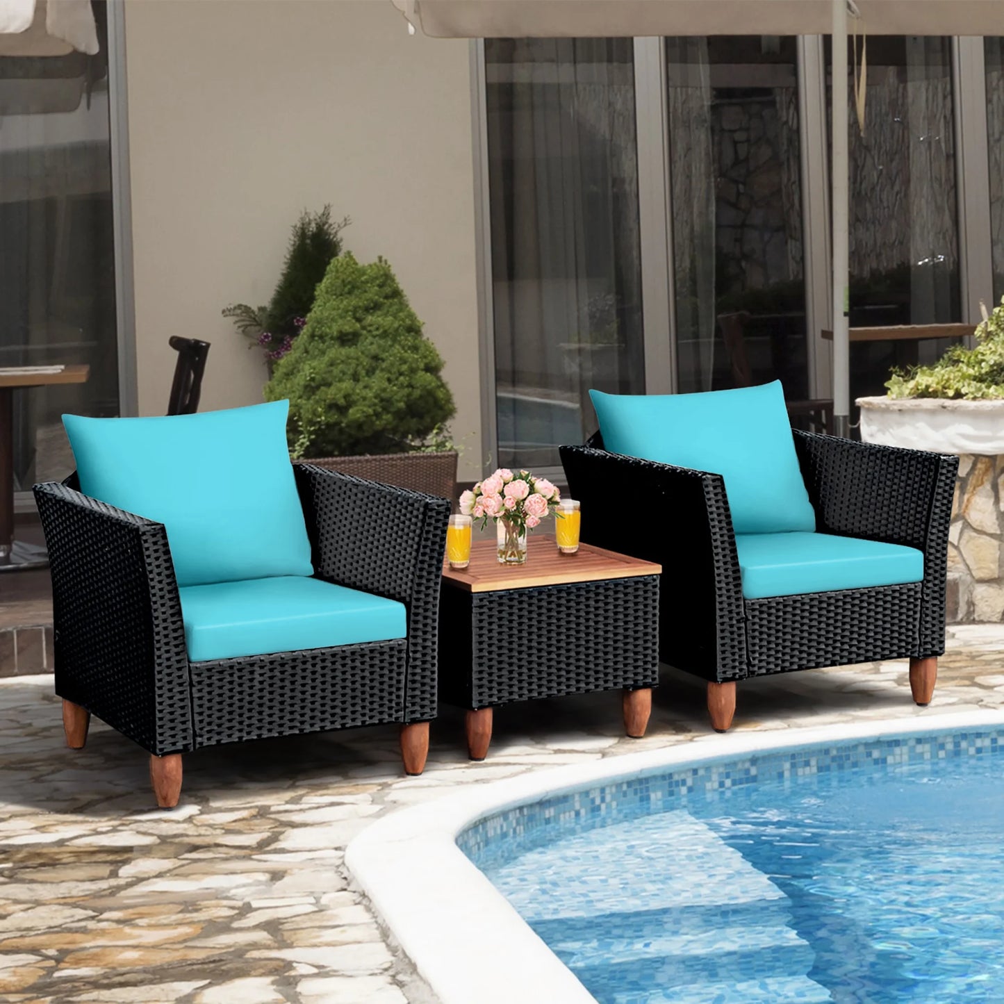 3PCS Outdoor Patio Rattan Furniture Set Wooden Table Cushioned Sofa Turquoise