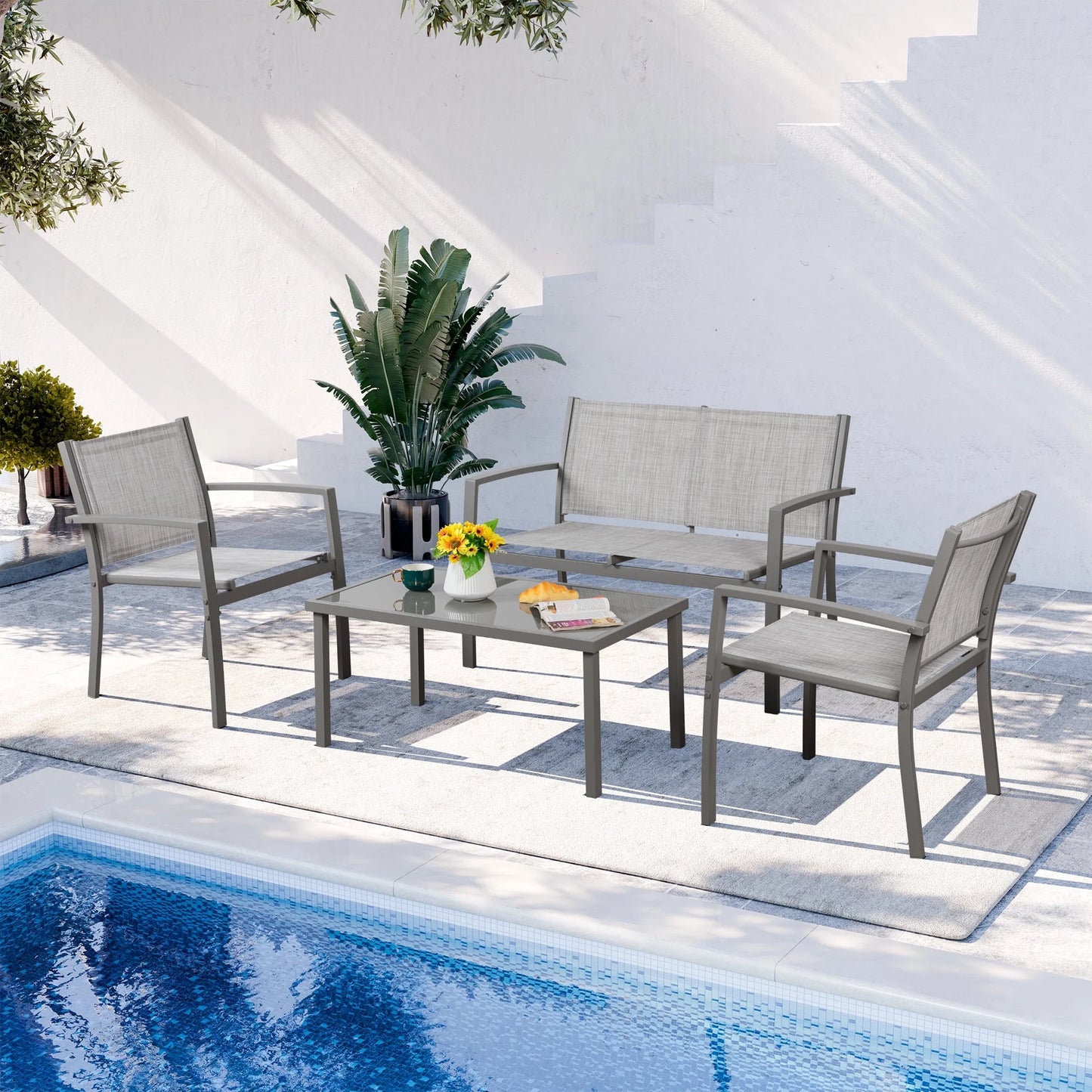 4 Pieces Outdoor Furniture Set All Weather Patio Textilene Steel Conversation Set, Patio Furniture Set Bistro Set with Loveseat Ea Table for Lawn and Balcony, Gray