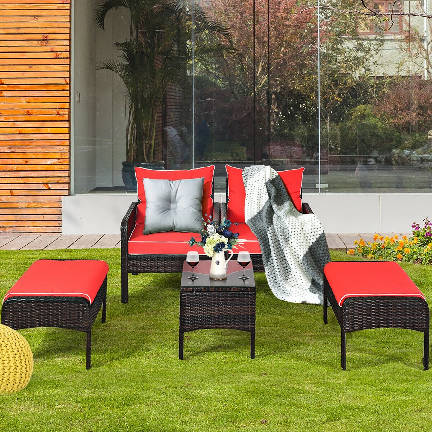 5 PCS Patio Rattan Furniture Set Sofa Ottoman Table Cushioned Yard Red
