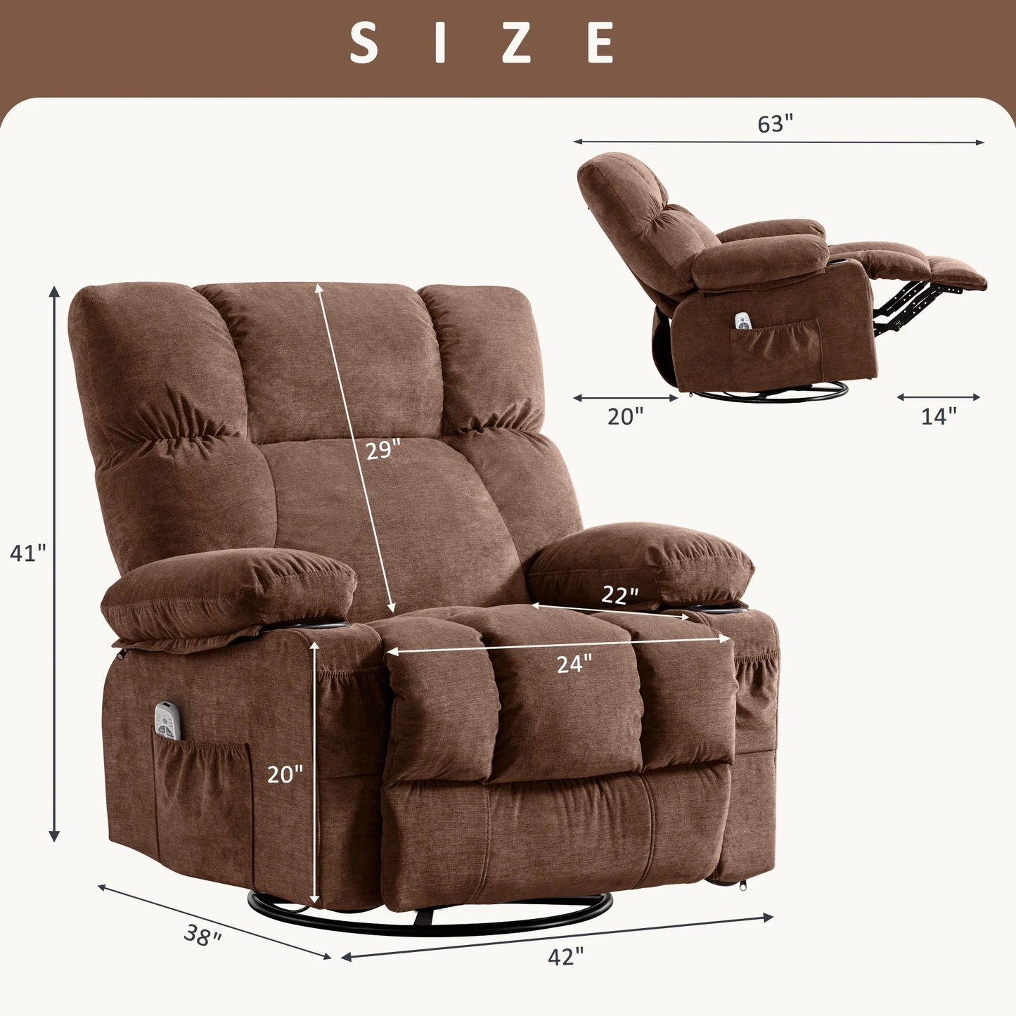 Massage Swivel Rocker Recliner Chair with Vibration Massage and Heat Ergonomic Lounge Chair for Living Room with Rocking Function and Side Pocket, 2 Cup Holders, USB Charge Port,Brown