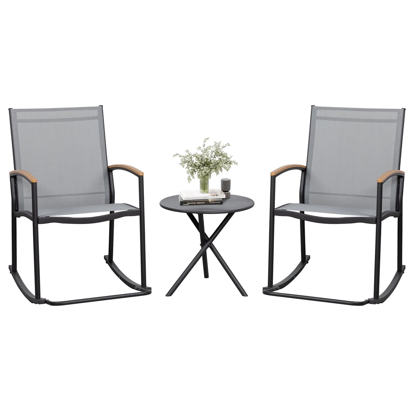 3-Piece Patio Bistro Sets, Outdoor Breathable Rocking Chairs & Black Furniture Conversation Set-Two Chairs with Coffee Table Black