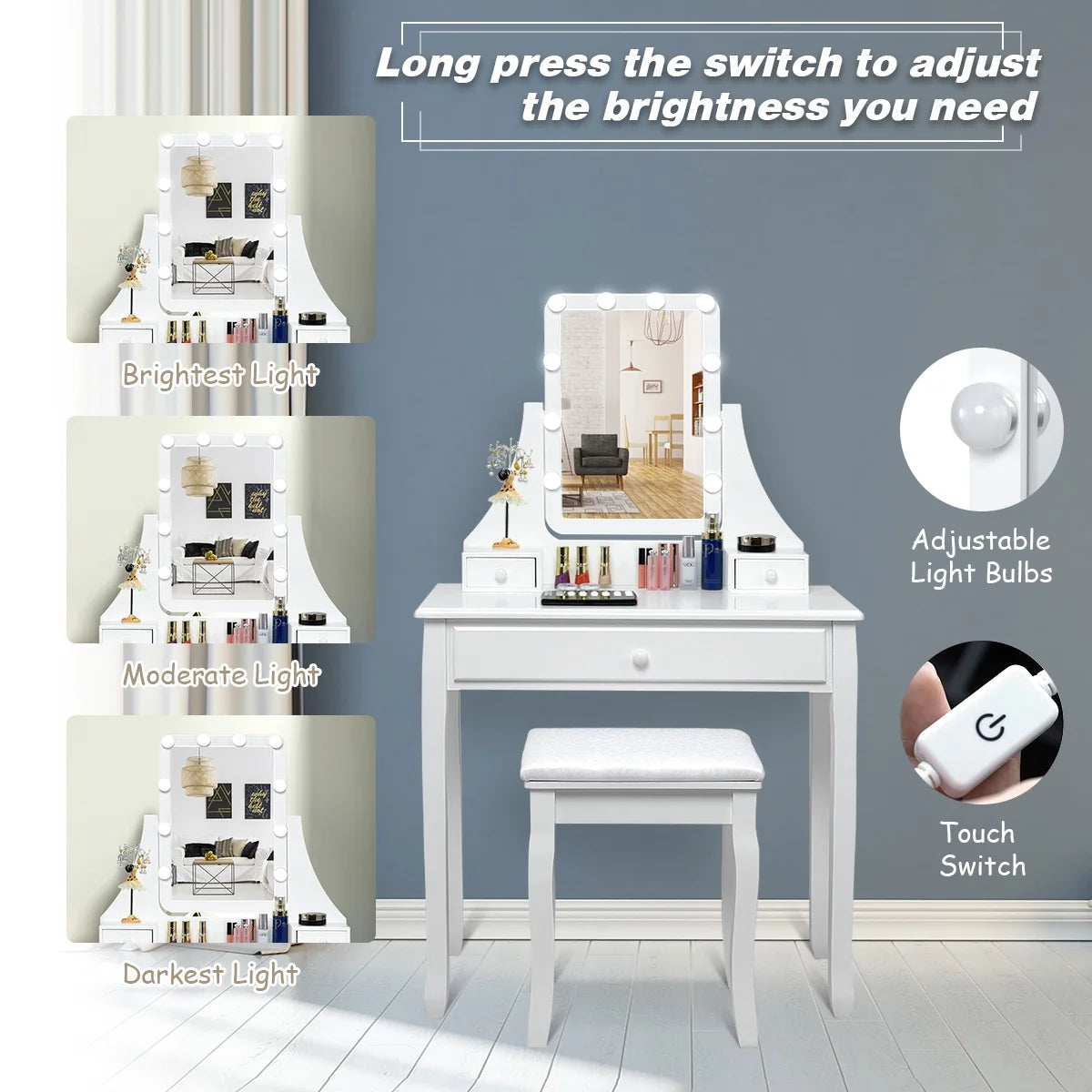 Vanity Table 10 Dimmable Bulbs Makeup Dressing Desk White