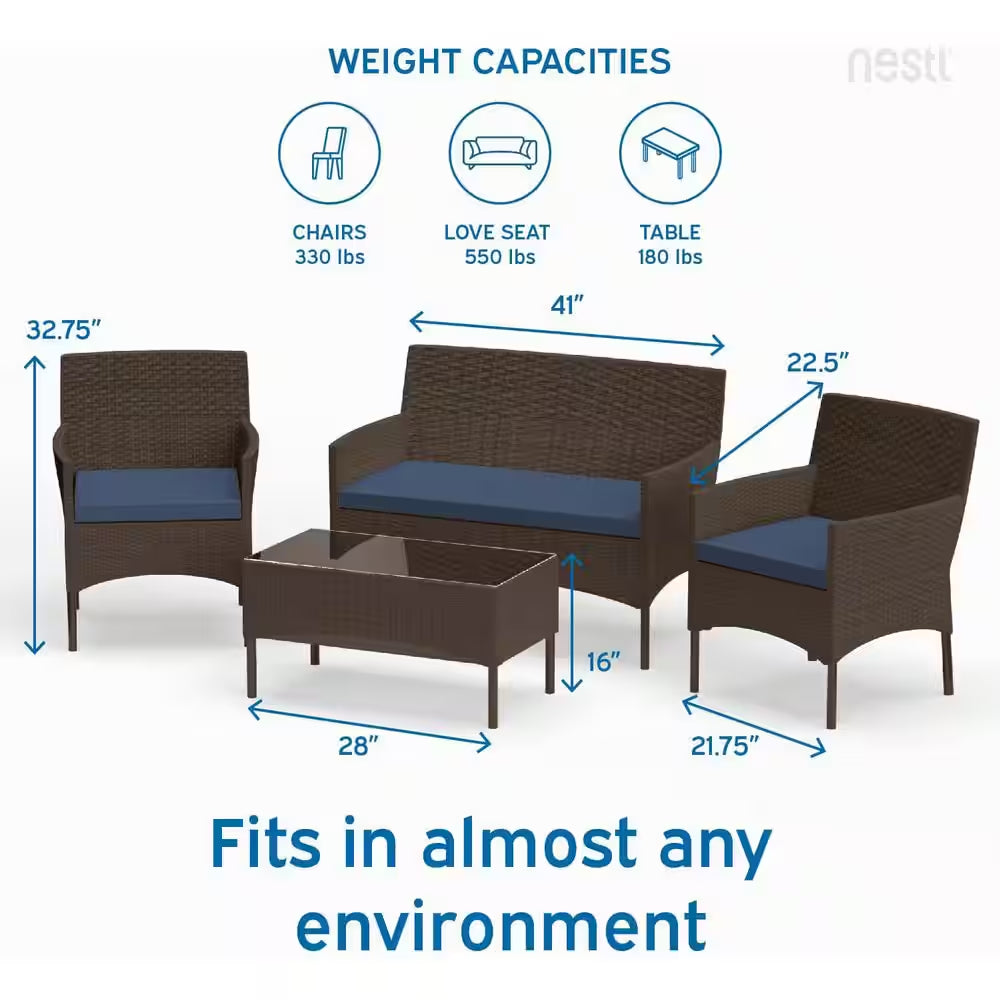 4-Piece Brown Patio Outdoor Furniture Wicker Conversation Set with Blue Cushions, 1-Loveseat, 2-Chairs and Coffee Table