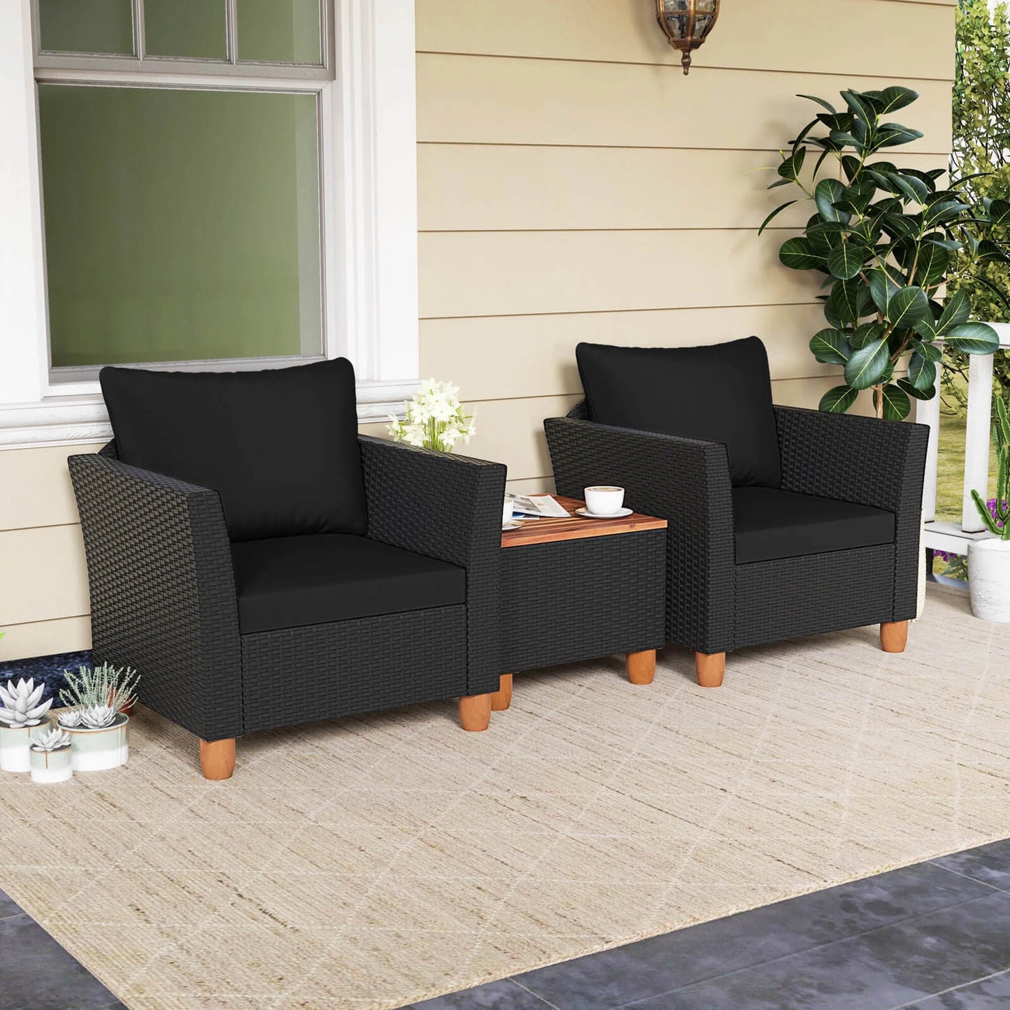 3PCS Outdoor Patio Rattan Furniture Set Wooden Table Cushioned Sofa Turquoise