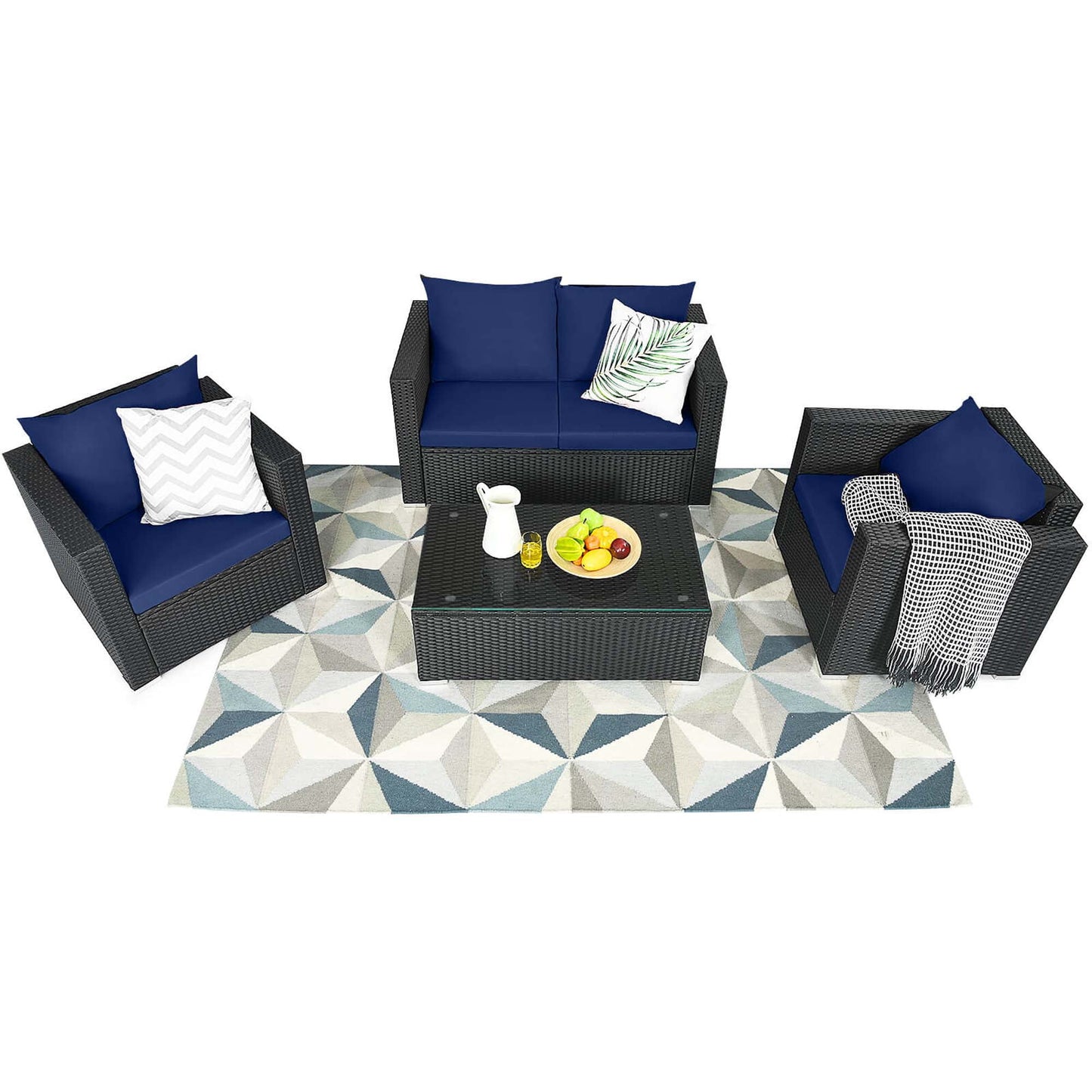 4 PCS Patio Rattan Furniture Set Cushioned Sofa Chair Coffee Table Blue