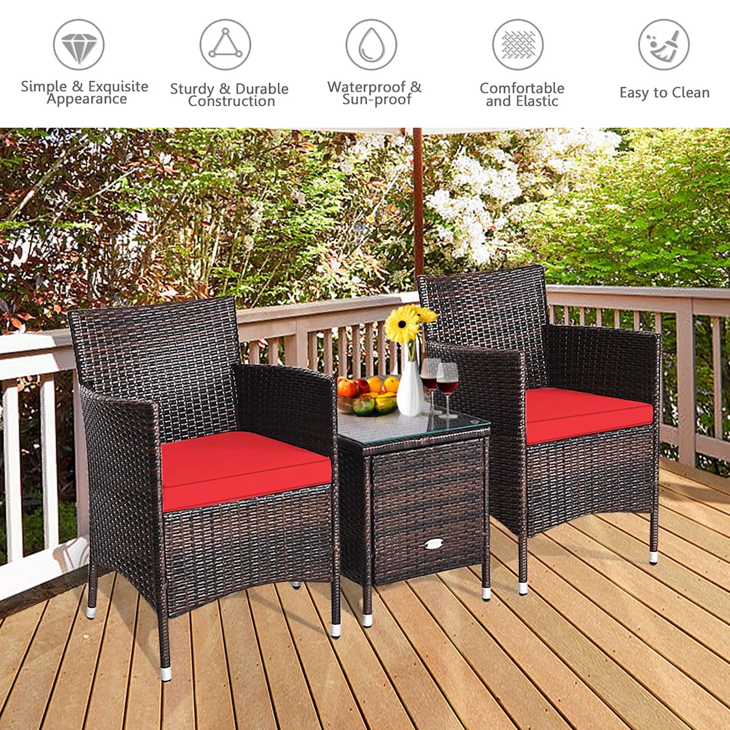 Outdoor 3 PCS PE Rattan Wicker Furniture Sets Chairs Coffee Table Garden Red