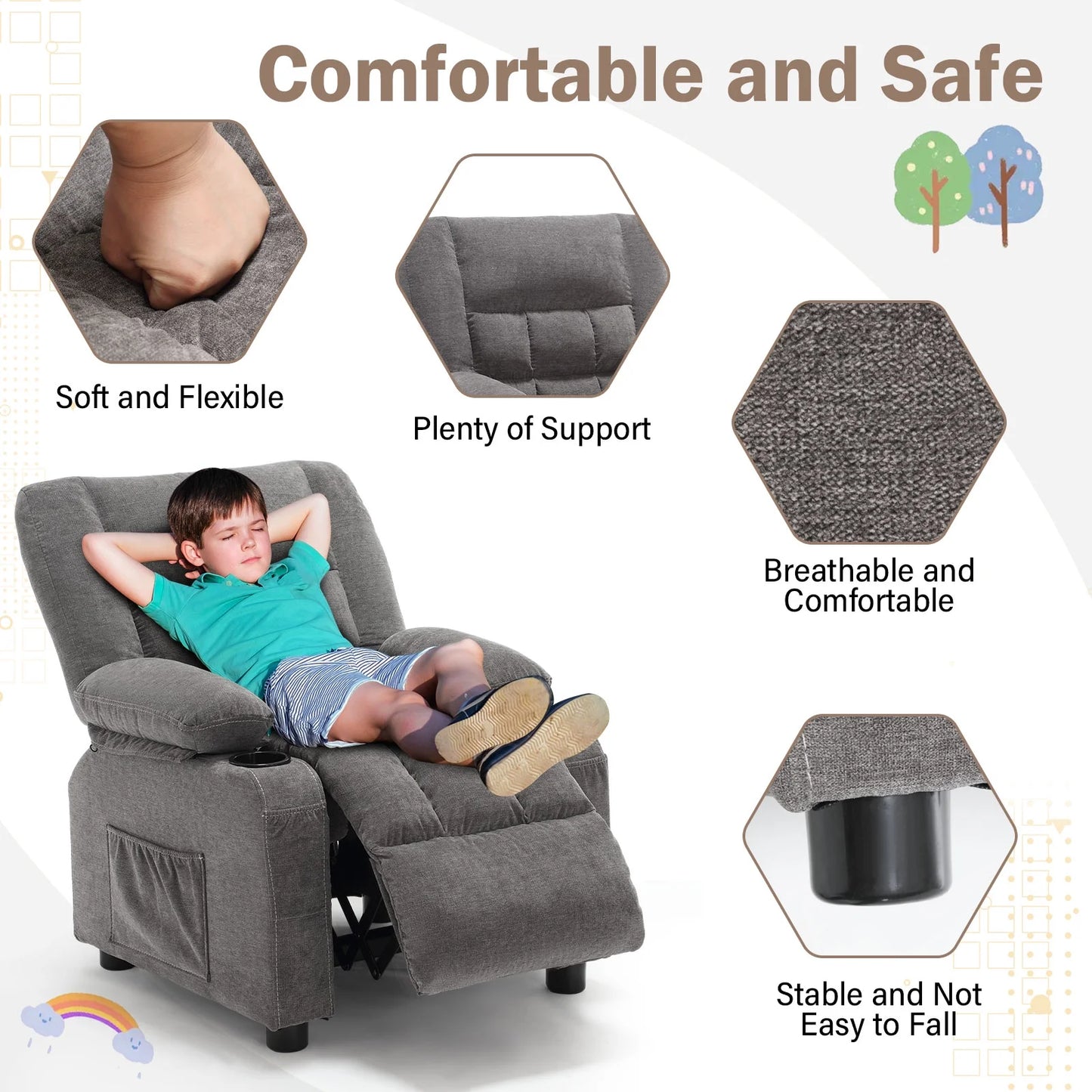 Kids Recliner Chair,Push Back Toddler Recliner with Cup Holders & Side Pockets,Adjustable Footrest & Headrest Kids Sofa for Boys Girls 3+ Age Group, Grey