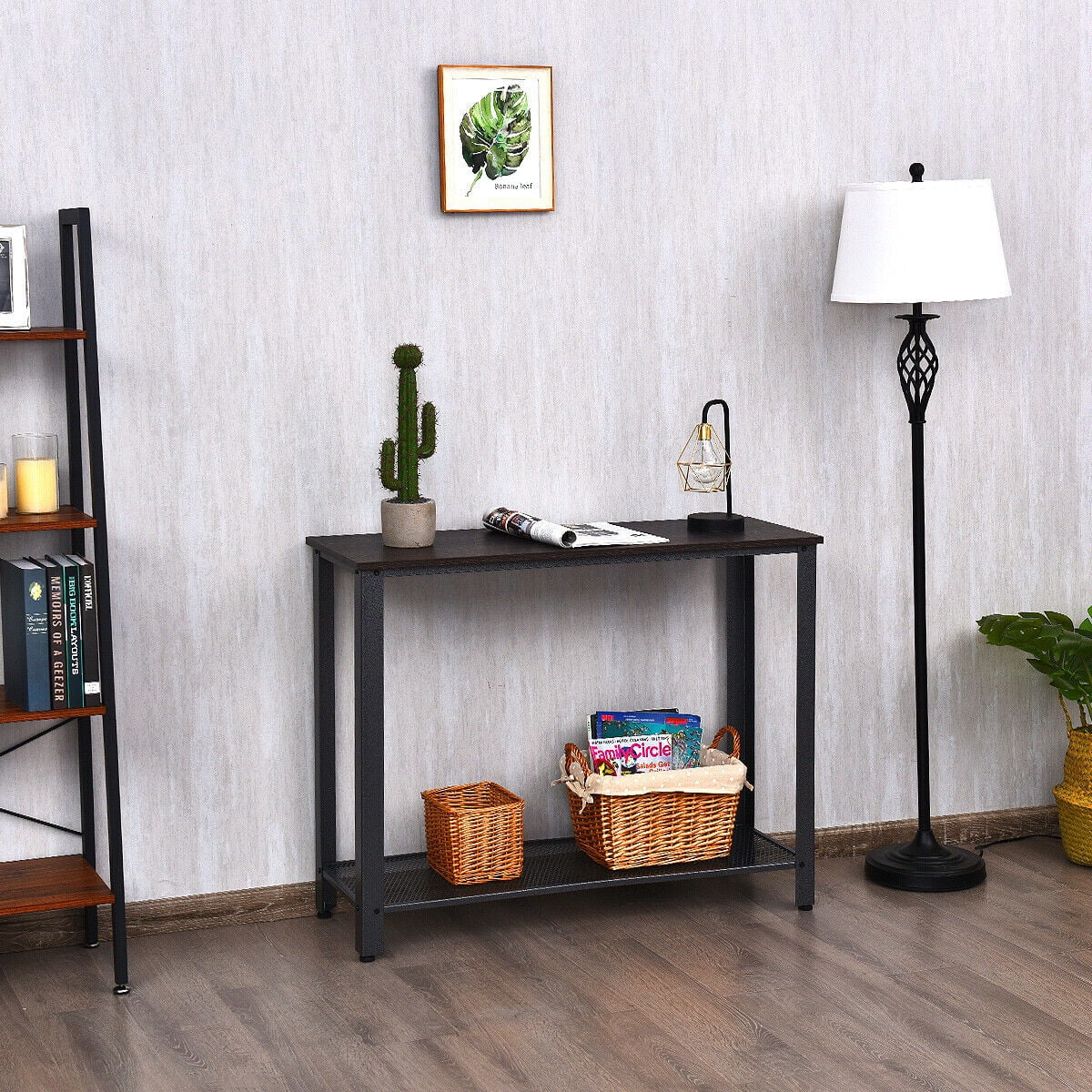 Console Sofa Table W/ Storage Shelf Metal Frame Wood Look Entryway Table Silver