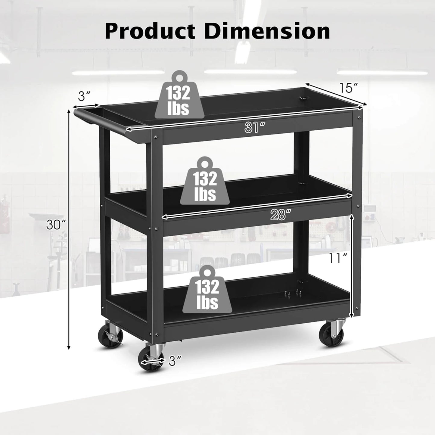 3-Tier Metal Utility Cart 400 Lbs Storage Service Trolley Tool Storage Black