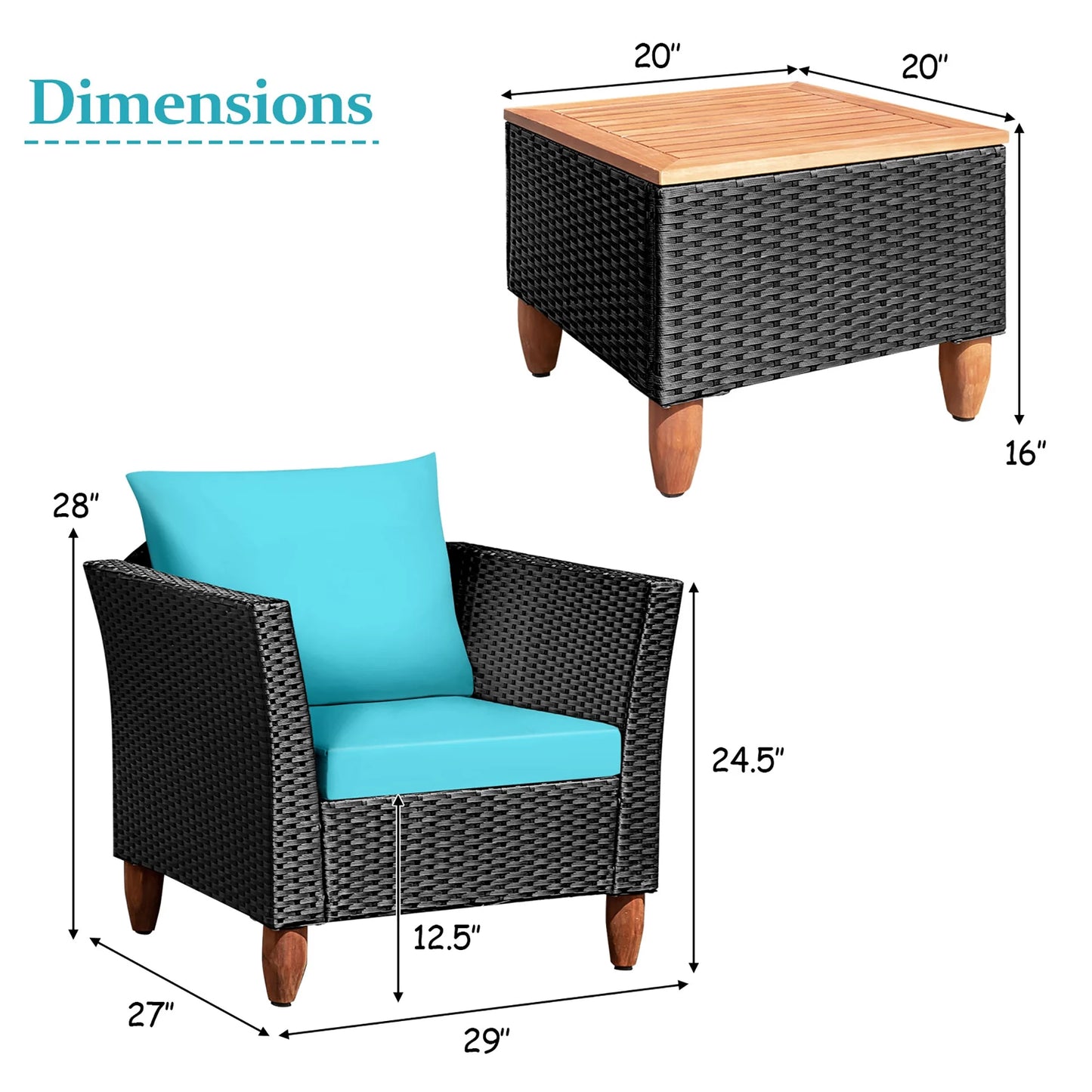 3PCS Outdoor Patio Rattan Furniture Set Wooden Table Cushioned Sofa Turquoise