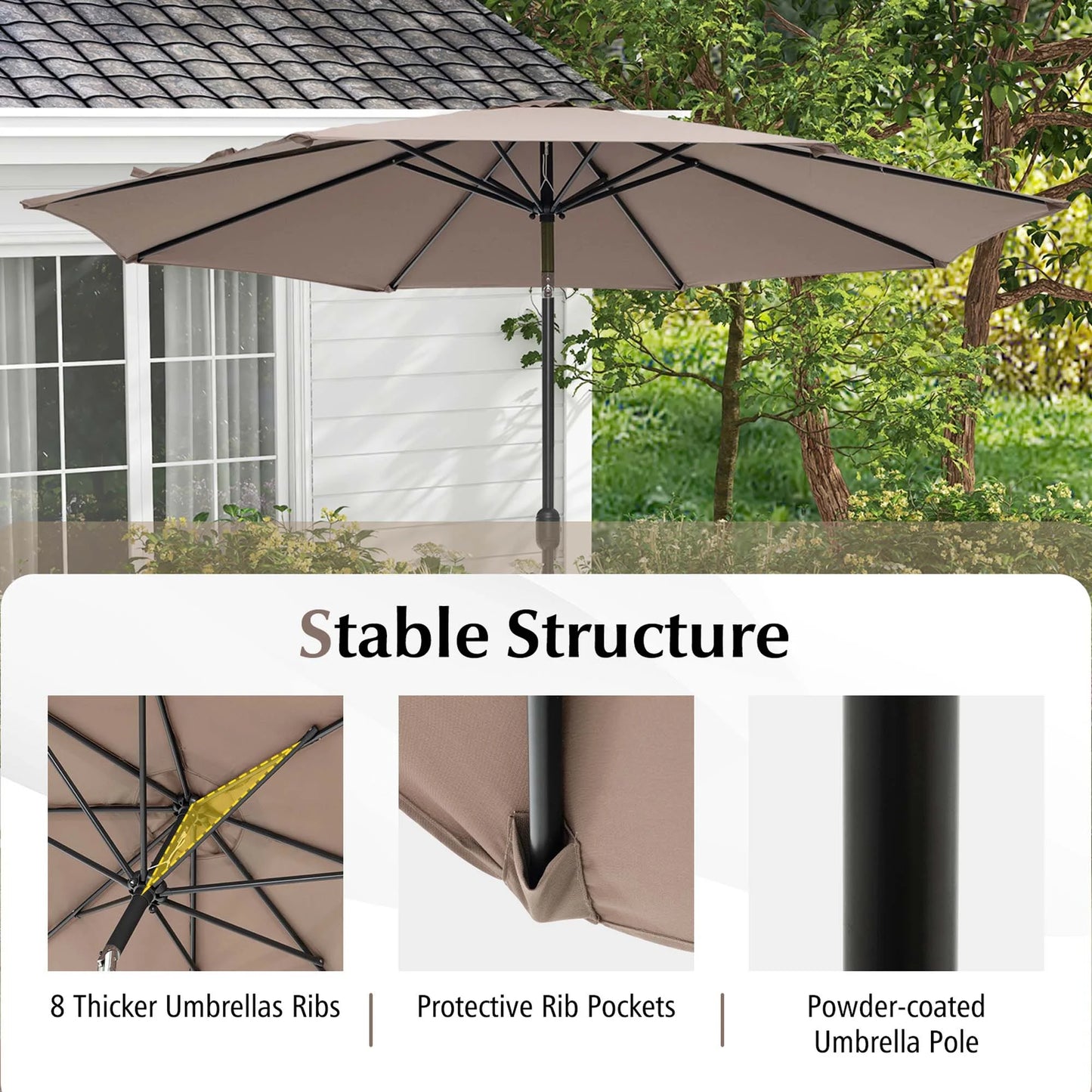 Outdoor Heavy Duty Market Umbrella with Tilt Mechanism Crank Handle 8 Sturdy Ribs Tan