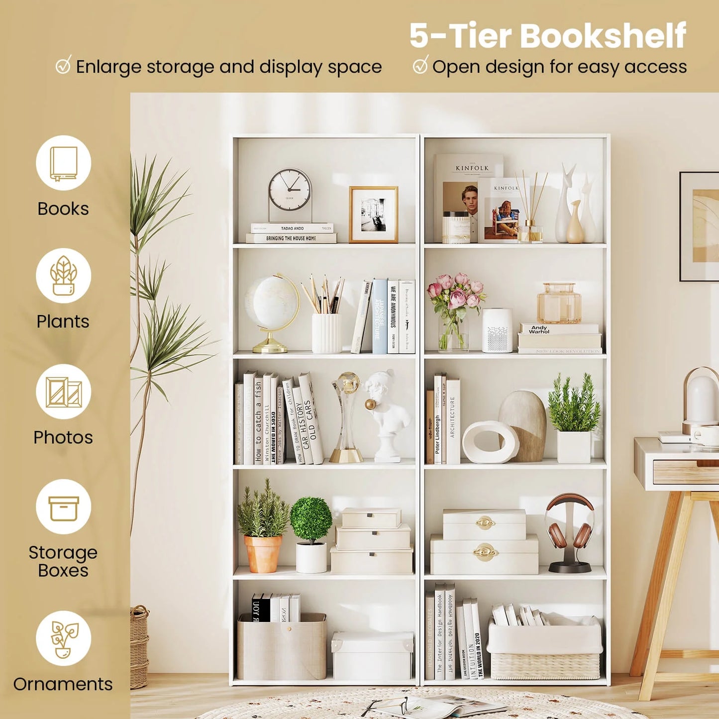 5-Shelf Storage Bookcase Modern Multi-Functional Display Cabinet Furniture White