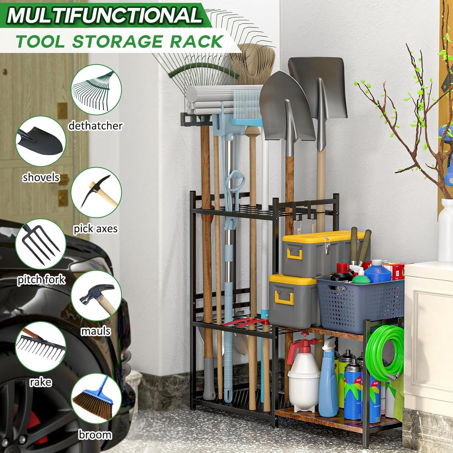 Garage Tool Organizer with 2-Tier Wooden Shelves, Yard Tool Organizer for Garage