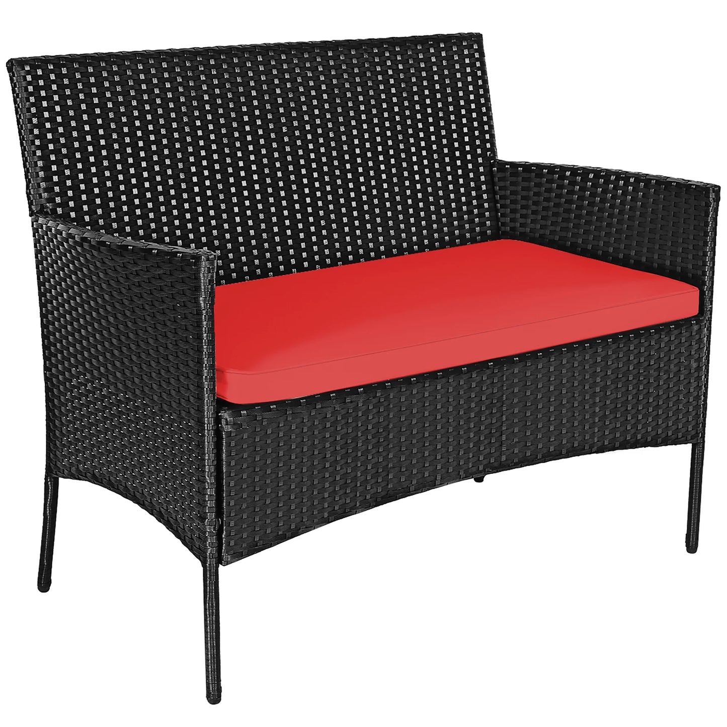 4PCS Patio Rattan Furniture Set Cushioned Sofa Coffee Table Backyard Porch Red