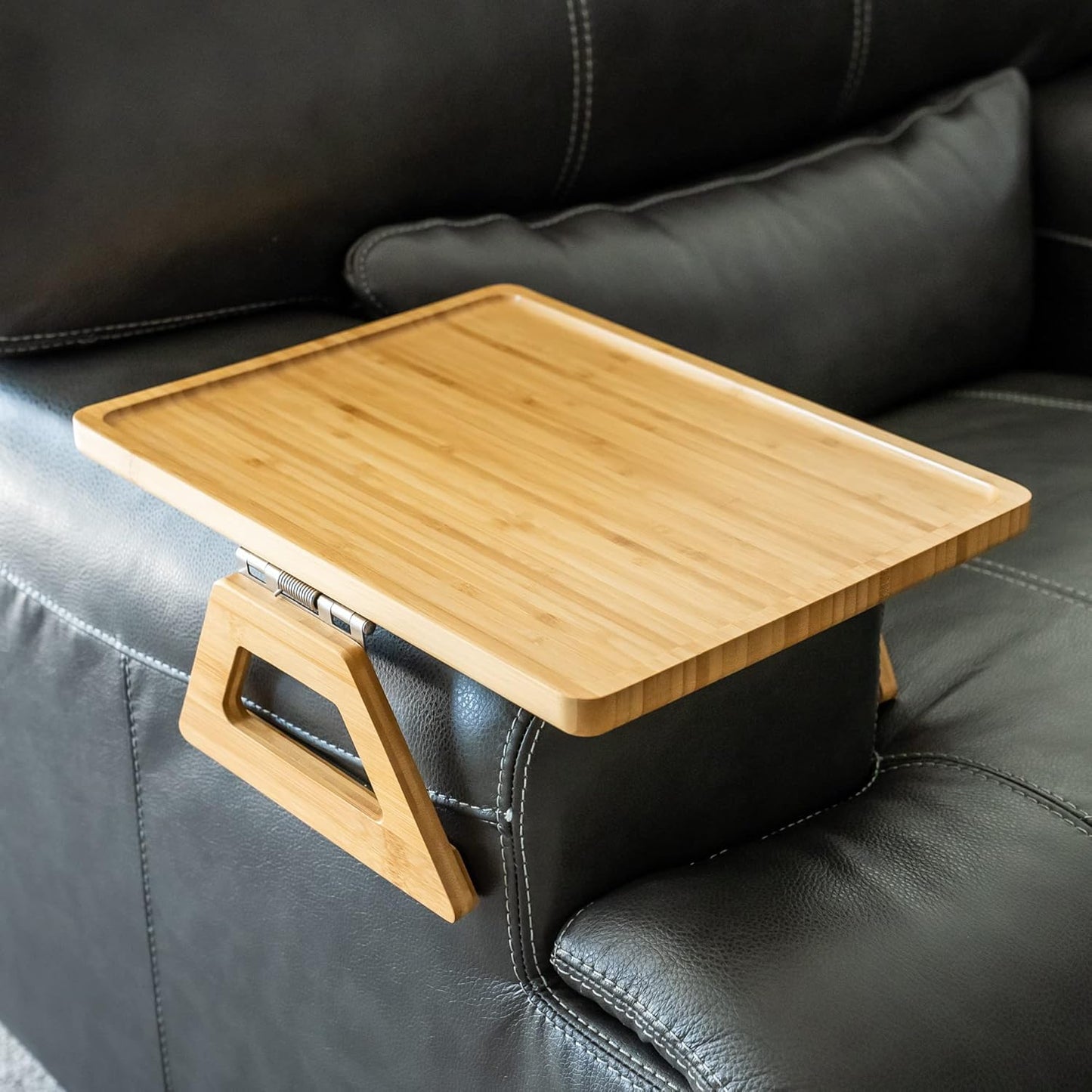 Bamboo Trayble Couch Arm Table, Clip on Tray Sofa Table for Couches. Sofa Arm Tray, Armchair Table for TV Dinners, Remotes, Drinks and Snacks - 13.75 X 9.5Inch, Brown
