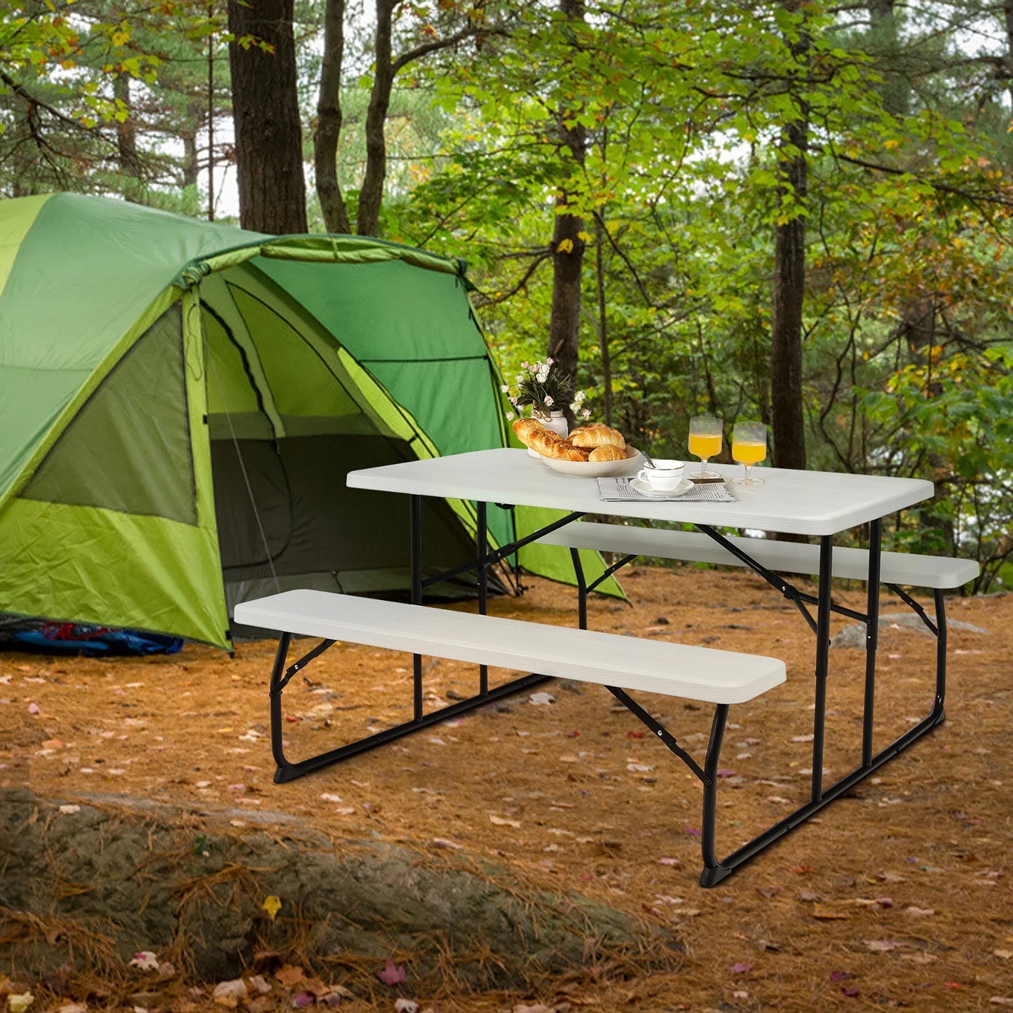 Folding Metal Picnic Table Set, White